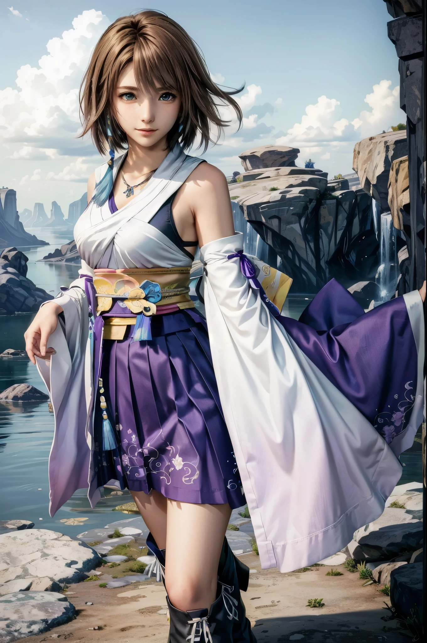 (masterpiece, highest quality:1.3) YunaFF10, 1 girl, alone, looking at the viewer, smile, short hair, blue eyes, skirt, brown hair, hair ornaments, jewelry, underwear, green eyes, Are standing, full body, boots, removed sleeve, kimono, good, heterochromia, Similarly, Similarly skirt, blue Similarly, purple Similarly, Yuna (ff10)