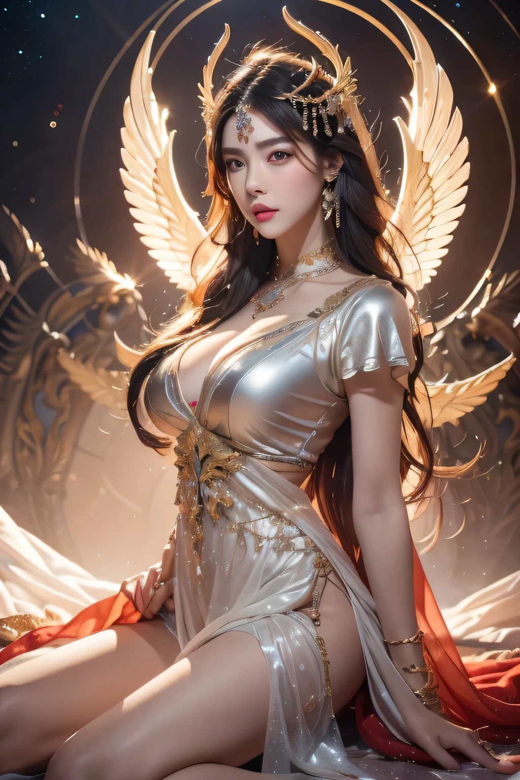 High-quality work，Realistic works，Super premium graphics，8K HD CG works，high quality graphics，High-definition and exquisite CG works，10x pixels，Ultra-fine details：1.1，Advanced technical details：1.1Realistic photo effects，Interior lighting effects：1.5，natural soft light：1.5. Light effect（Virtual light effects：1.8），ultra high resolution，shining dress，sliver long hair，silber hair，transparenthair，high detailed hair（Quality hair details：1.1）Clear eyes，Double eyelids look good，Sharp eye makeup, Create exquisite eyelash makeup, tthin eyebrows, Ultra-detailed eyes，a tall nose, lovely red lips, rosey cheeks, With delicate makeup on her face , pretty face, The face shape is perfectly proportioned,（Advanced facial details：1.1）Beautiful Valkyrie,（best qualtiy，hyper HD, Masterpiece, 16k）,Goose egg face,largeeyes,long eyelasher,There are precious stones on the forehead,Exquisite（live-action realistic style）,Star-like eyes,Ultimate face,Photorealistic light and shadow,Clear facial features,Milky white skin,Fair skin, highdetailskin,Realistic skin details,Visible Pore,（Super detail）, body,Carmelto, full bodyesbian,She wears long loose black hair and reaches her waist,（hair flowing）, Smoothness,Huge wings,Crystal wings,（Super detail）,Wear a transparent silk cardigan dress，Beautifully decorated,((dynamicposes),sat on the ground,Legs slightly open),Be red in the face,((Dynamic background((Red lightning)),Fantasy space，Luxurious space,NSFW：1.07，Women's artwork，Dress full body video，Realism，Amazing Cleavage，My eyes are very bright today
