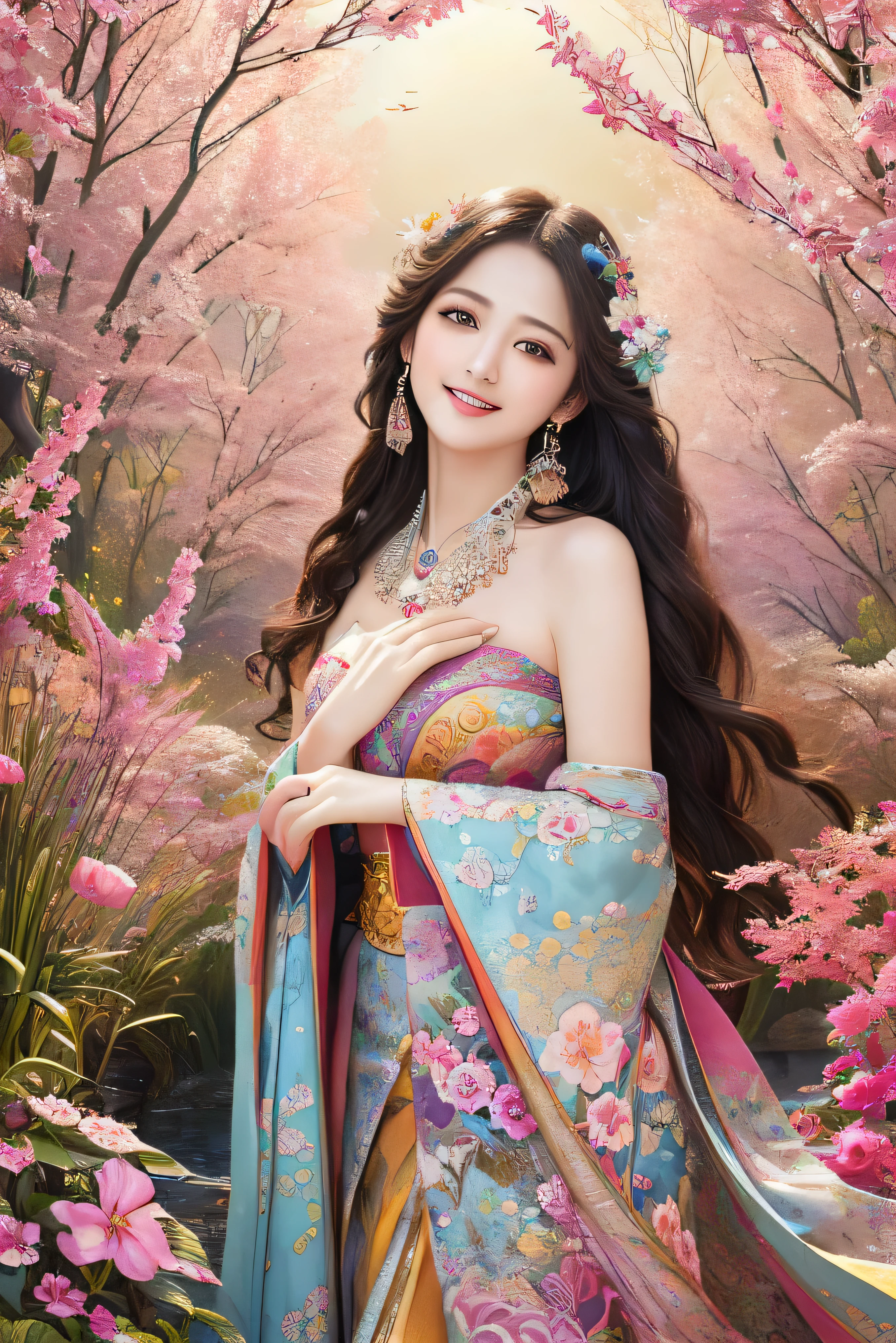 (masterpiece、highest quality、highest quality、official art、beautiful beautiful:1.2)、(1 girl)、very detailed、(fractal art:1.3)、Colorful、most detailed,(Pose with movement:1.4)、Details Beautiful and delicate face、Beautiful details and delicate eyes、very fine resolution, (symmetrical eyes:1.3),((japanese hair)),((natural smile)),Floral,feather