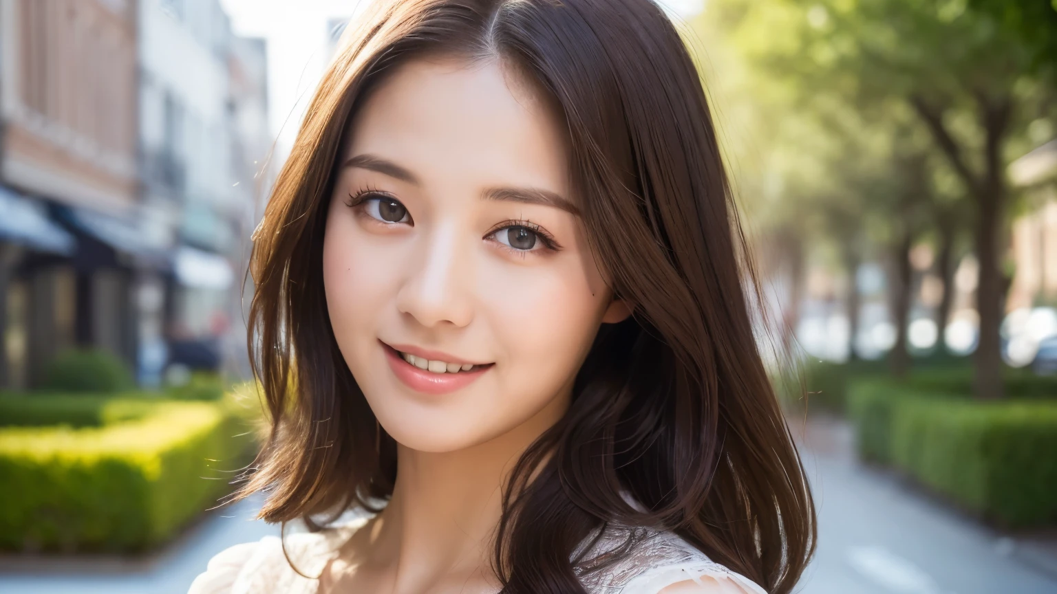 ((highest quality, 8K, masterpiece :1.3)), 1 girl, smile, whole body, Face thinning, Beautiful woman, (dark brown hair), full length dress :1.1, highly detailed face, delicate eyes, double eyelid, blurred background, Face thinning, city, external, street,