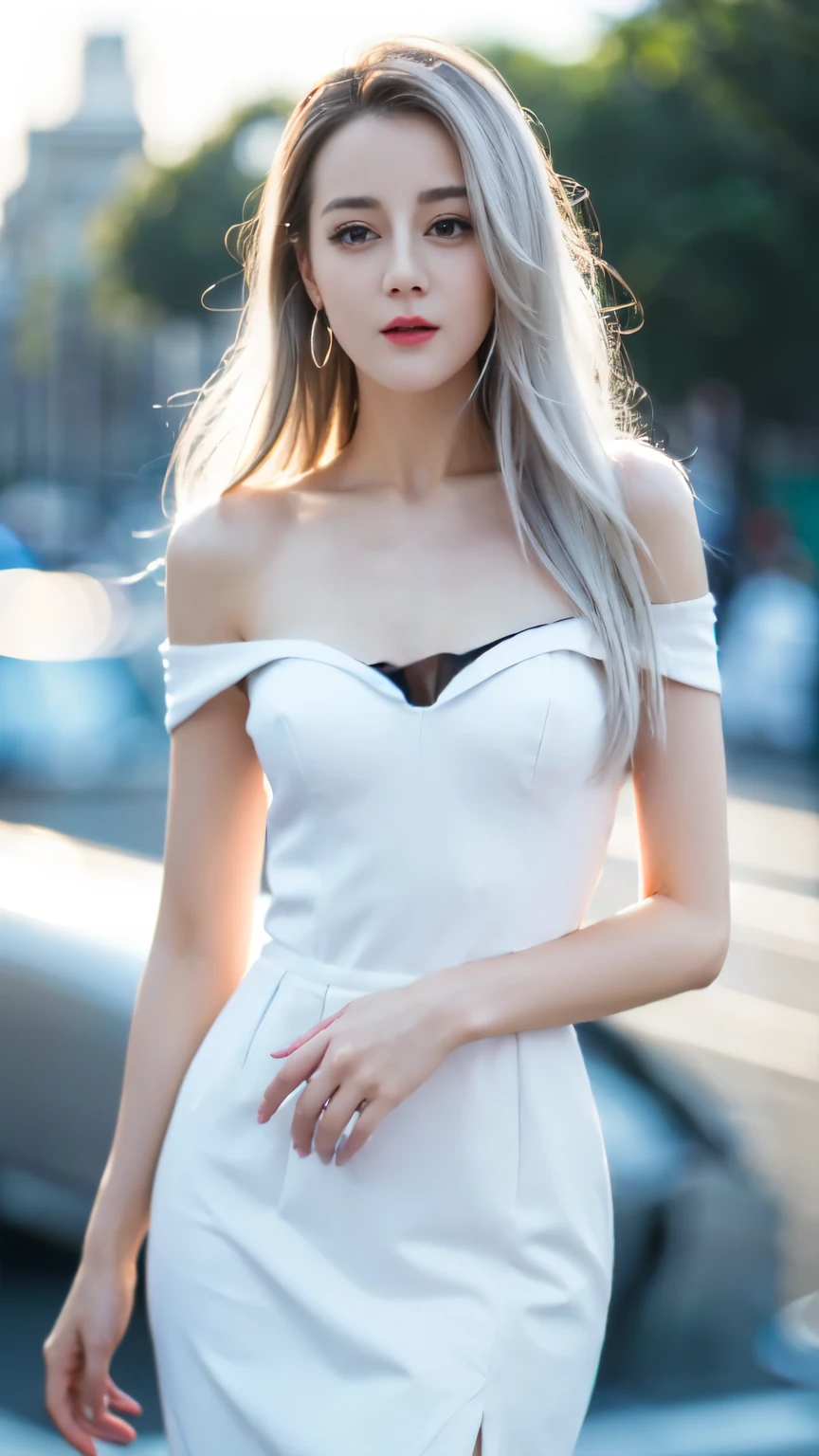((top quality、8K、​Masterpiece:1.3))、Extremely delicate and beautiful girl，huge breasts，bigger breasts，amazing breast size，G cup，Sunset，Sunset，white snow。Wear big earrings，The skin is very white，moist red lips，Waist is very thin，Thighs are very thin，big ass，Reveal a little，fair and smooth skin，Smooth and fair skin，flawless skin，Fair and shiny skin，cold white skin，The camera focuses on the chest，bright light，White tube top dress，bare shoulders，white hair，The hair is gray，Bare back