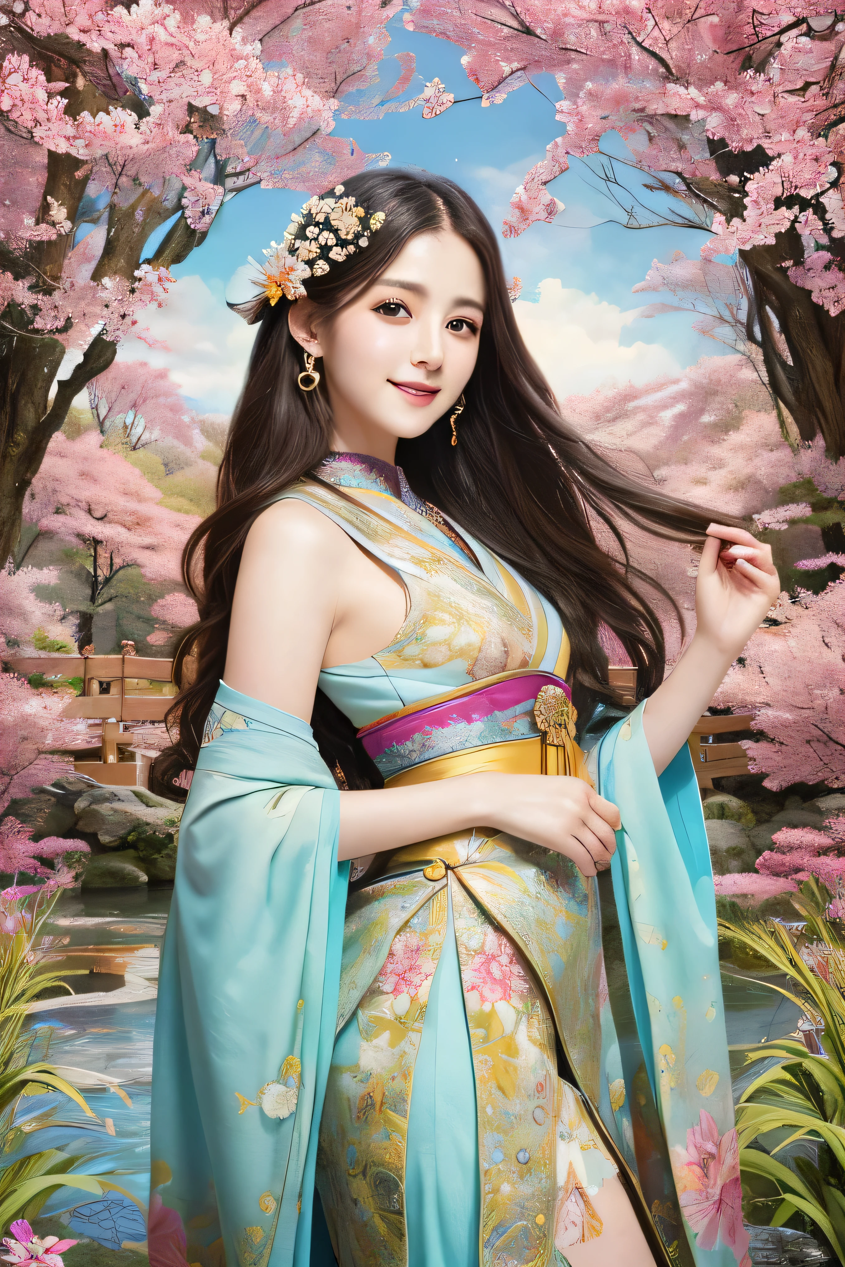 (masterpiece、highest quality、highest quality、official art、beautiful beautiful:1.2)、(1 girl)、very detailed、(fractal art:1.3)、colorful、most detailed,(Pose with movement:1.4)、Details Beautiful and delicate features、Beautiful details and delicate eyes、very fine resolution, (symmetrical eyes:1.3),((japanese hair)),((natural smile)),Floral,feather