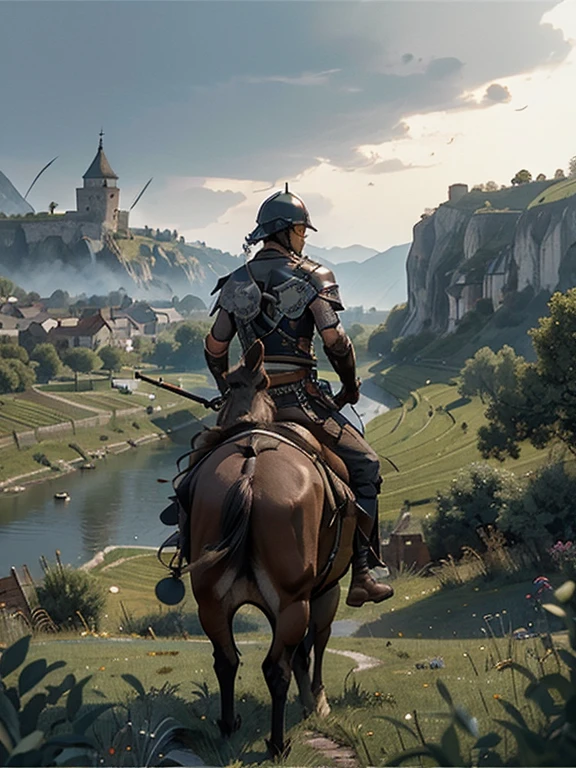  Cartoon style pictures ，(Europe)，（Shooting from above），man,midnight，Overall black tone，  Rugged full body metal armor， Medieval dilapidated countryside village，farmland，river，torch，horse，farmer，companion，Soldier，laboeld，farming，(Visor Helmet，In the shadows，Faceless，健壮的man, strong, shabby),dynamic poses， ((Turn your back to the camera，look into the distance，not looking at camera)), 