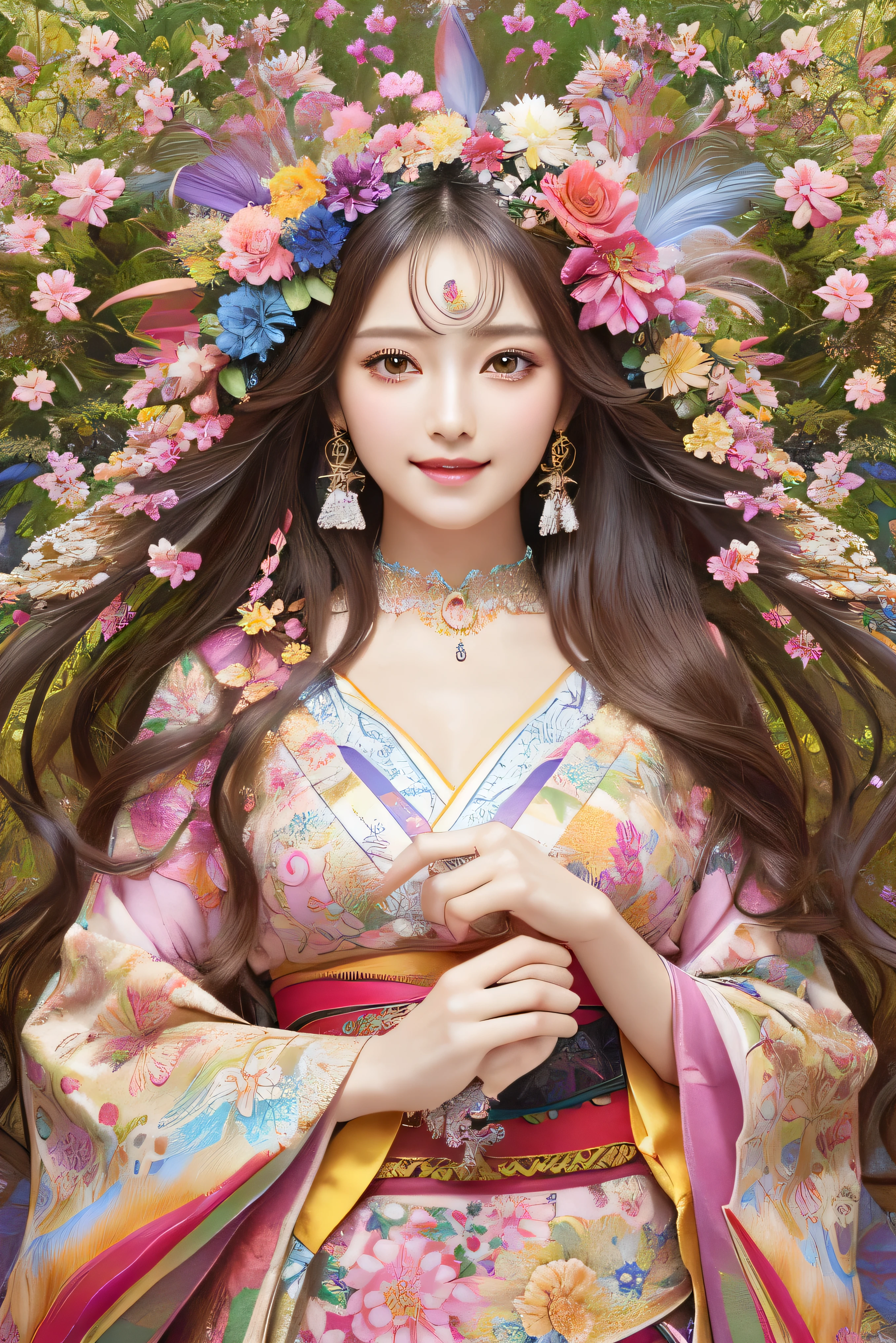 (masterpiece、highest quality、highest quality、official art、beautiful beautiful:1.2)、(1 girl)、very detailed、(fractal art:1.3)、colorful、most detailed,(Pose with movement:1.4)、Details Beautiful and delicate features、Beautiful details and delicate eyes、very fine resolution, (symmetrical eyes:1.3),((japanese hair)),((natural smile)),Floral,feather