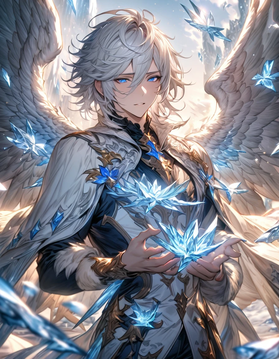 absurdres, highres, ultra detailed, HDR), masterpiece, Lucifer, white short hair, hair between the eyes, expressive blue eyes, 1man, handsome, granblue fantasy, fantasy black and white clothes, angel wings, winter, ice butterflies, ice flowers