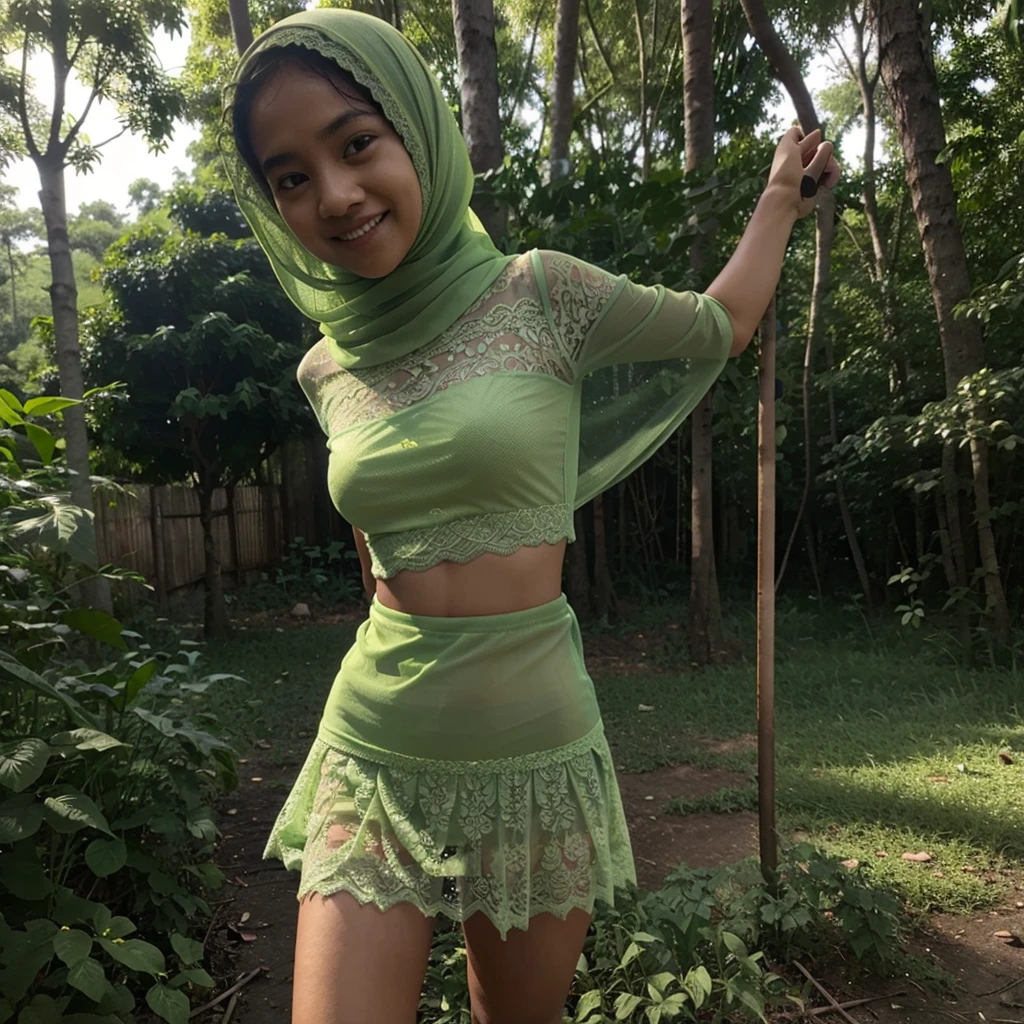 A 11 years old Indonesian woman in light green hijab, wearing very short light green lace tight t-shirt, wearing very short see-through light green lace skirt, skirtlift, villager, poor woman, darker skin, curvier body, short body, small breasts, smiling and standing in a dark forest, look to the viewer with eye close