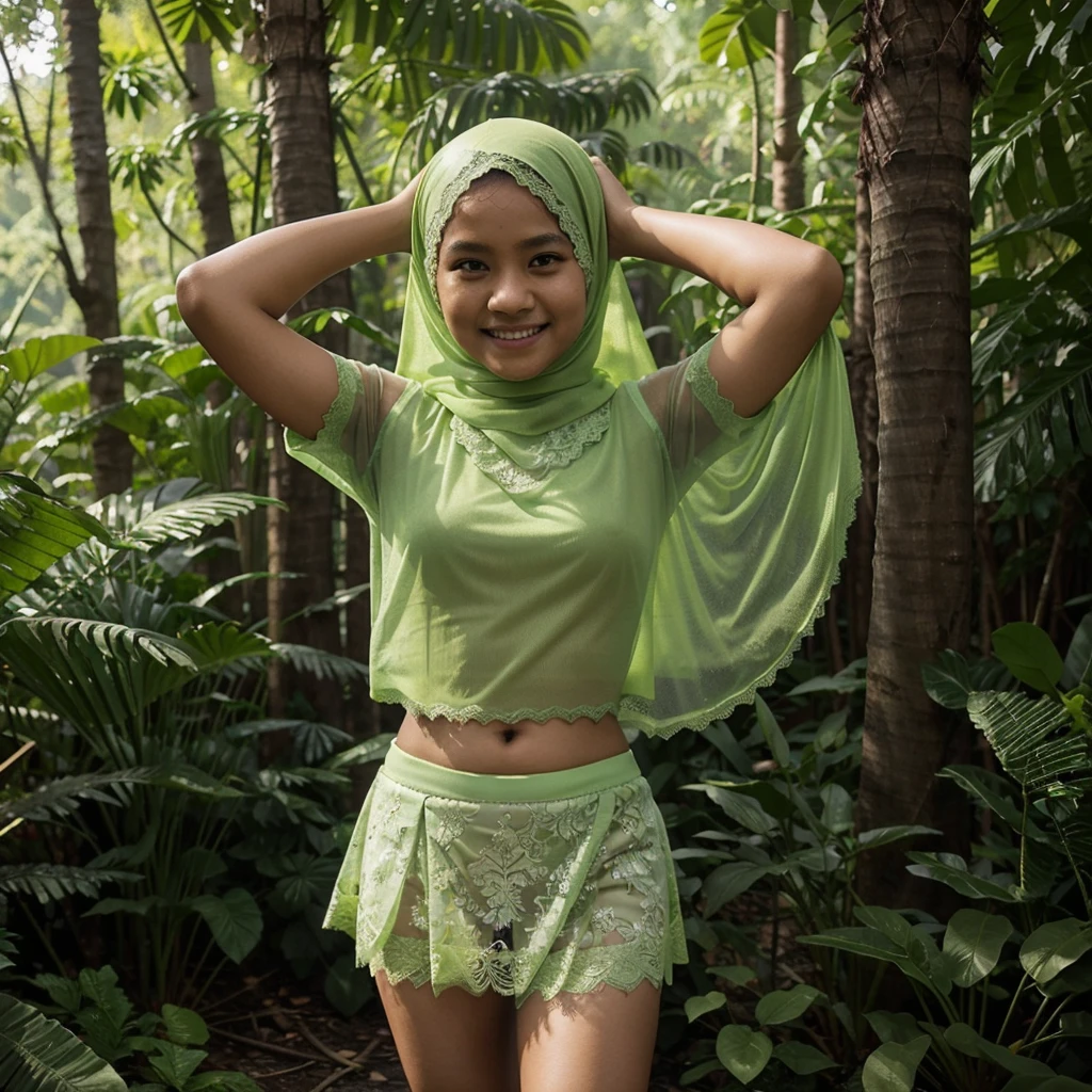 A Indonesian woman in light green hijab, wearing very short light green lace tight t-shirt, wearing very short see-through light green lace skirt, skirtlift, villager, poor woman, darker skin, curvier body, short body, small breasts, smiling and standing in a dark forest, look to the viewer with eye close