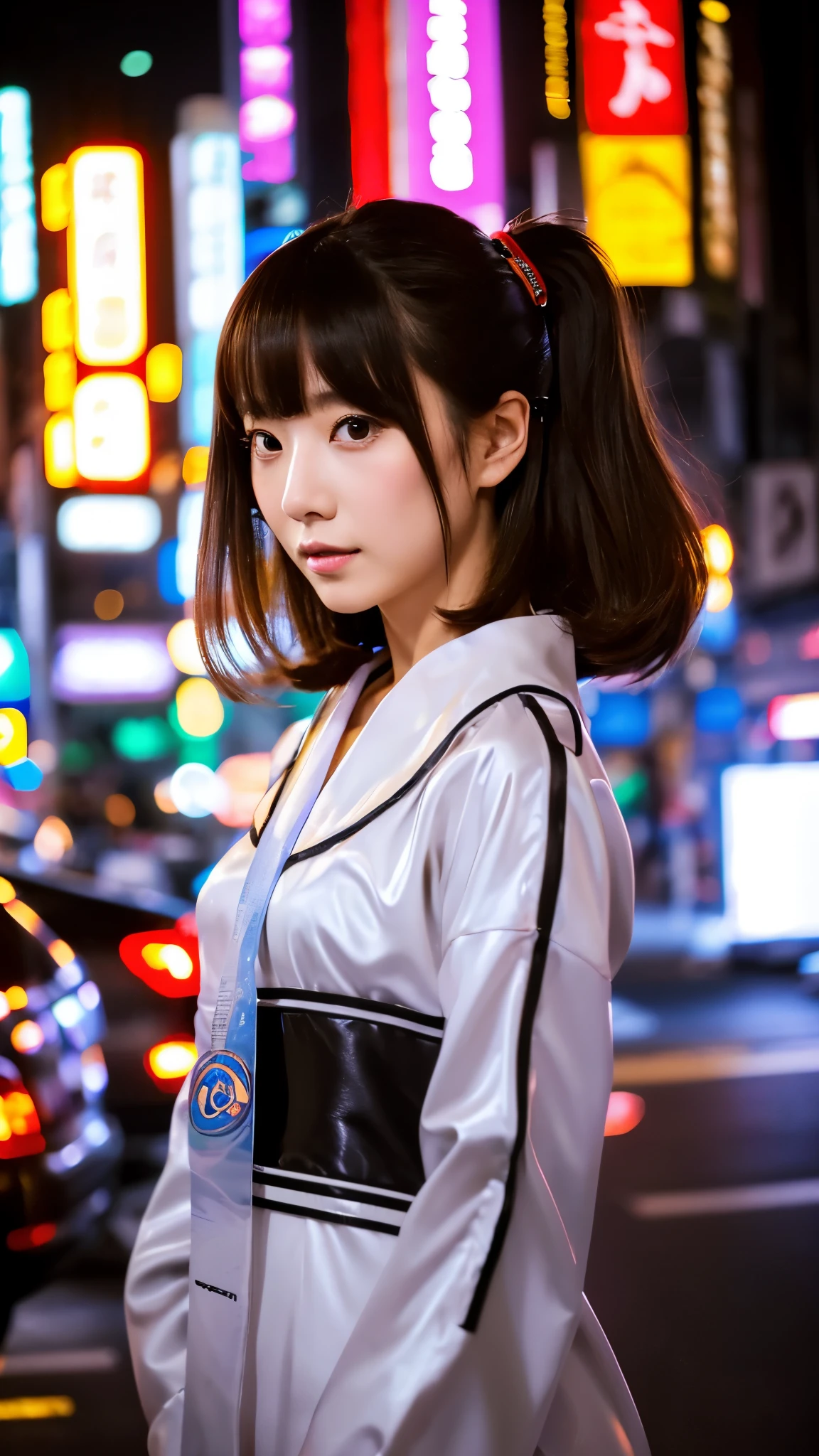 Photo of a Japanese female android in her mid-twenties made of glossy white and silver translucent glass and plastic, Geisha makeup and hairstyle, Internal mechanism of silver metal, dynamic pose, Flowing organic structure, Shiny gold circuit, colorful neon trim, Glowing Circuit, neon trim, depth of field focus f/2.8, アート by H.R. Giger, Greg Lutowski