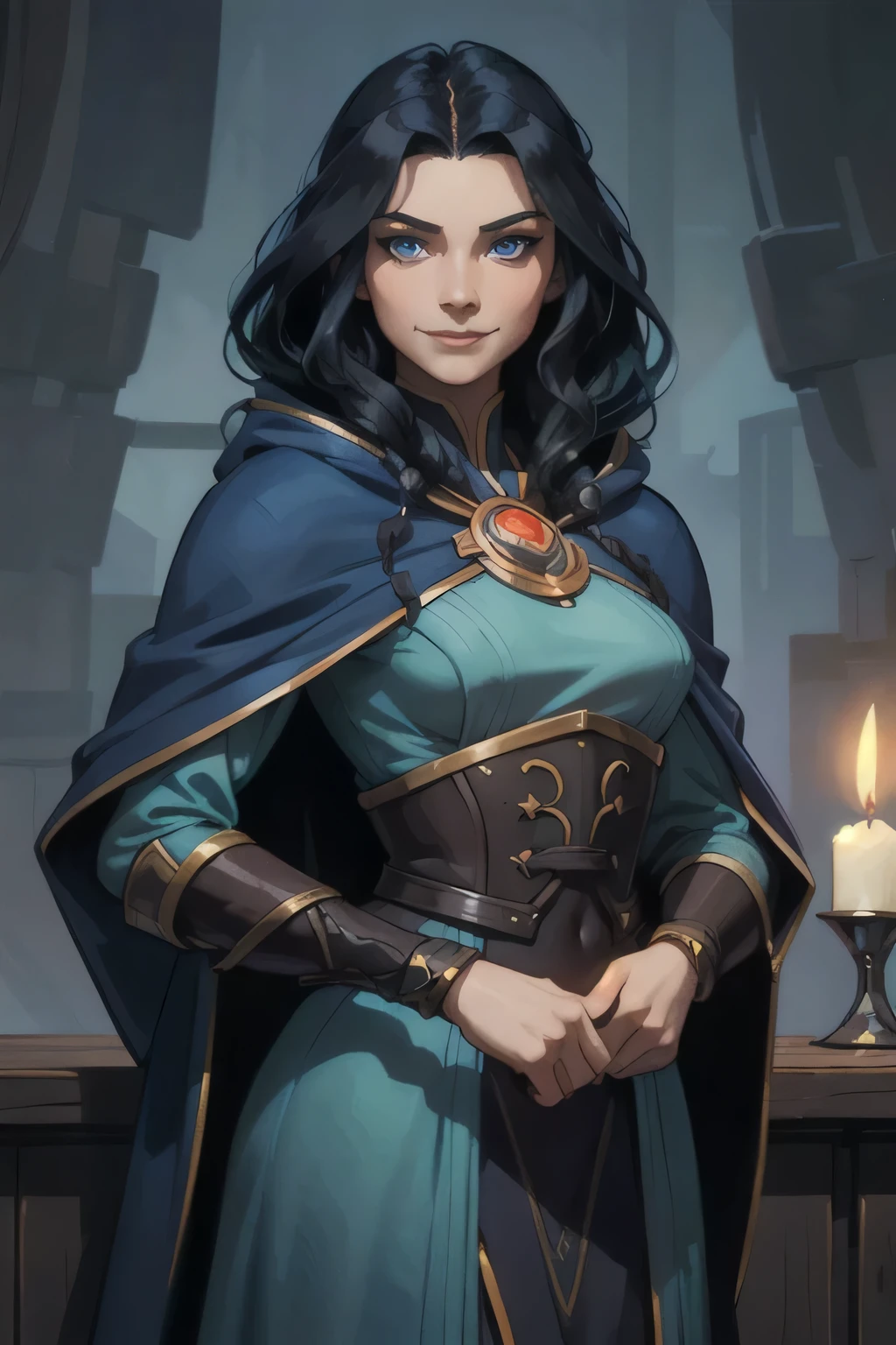 (brom, fantasy artwork:1.2), 1 woman, in a tavern, stand up, happy, long wavy black hair, lips are soft or colored, curly hair, arms crossed, hooded, fur coat, fully clothed, smile facial expression, bright blue eyes, perfect eyes, (atmosphere), coherent, continuity, epic, sharp lines, (brushed colors) in a tavern, warm candle light