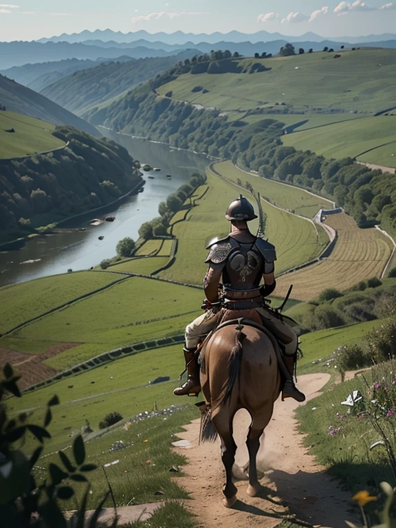Cartoon style pictures ,(Europe),(Shooting from above),man,midnight,Overall black tone, Rugged full body metal armor, Medieval dilapidated countryside village,farmland,river,torch,horse,farmer,companion,Soldier,laboeld,farming,(Visor Helmet,In the shadows,Faceless,健壮的man, strong, shabby),dynamic poses, ((Turn your back to the camera,look into the distance,not looking at camera)),