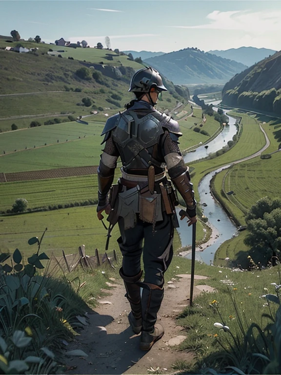  Cartoon style pictures ，(Europe)，（Shooting from above），man,midnight，Overall black tone，  Rugged full body metal armor， Medieval dilapidated countryside village，farmland，river，torch，horse，farmer，companion，Soldier，laboeld，farming，(Visor Helmet，In the shadows，Faceless，健壮的man, strong, shabby),dynamic poses， ((Turn your back to the camera，look into the distance，not looking at camera)), 