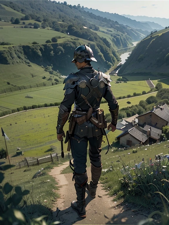 Cartoon style pictures ,(Europe),(Shooting from above),man,midnight,Overall black tone, Rugged full body metal armor, Medieval dilapidated countryside village,farmland,river,torch,horse,farmer,companion,Soldier,laboeld,farming,(Visor Helmet,In the shadows,Faceless,健壮的man, strong, shabby),dynamic poses, ((Turn your back to the camera,look into the distance,not looking at camera)),