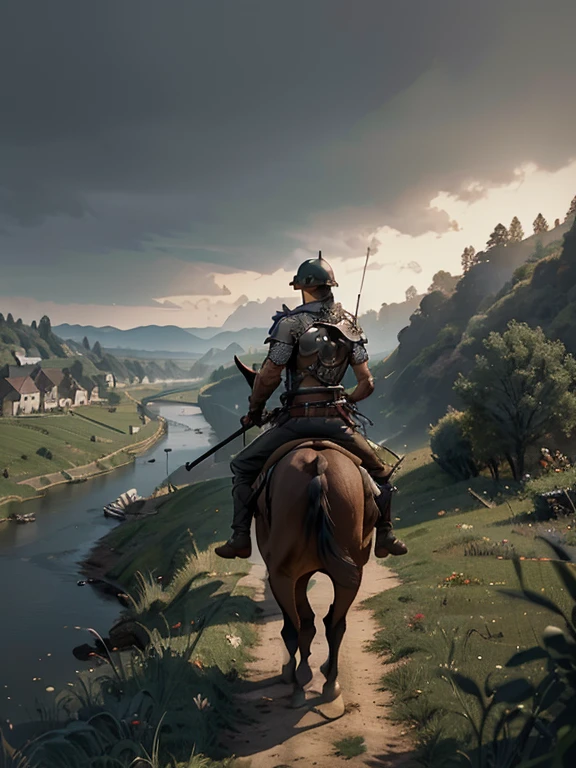  Cartoon style pictures ，(Europe)，（Shooting from above），man,midnight，Overall black tone，  Rugged full body metal armor， Medieval dilapidated countryside village，farmland，river，torch，horse，farmer，companion，Soldier，laboeld，farming，(Visor Helmet，In the shadows，Faceless，健壮的man, strong, shabby),dynamic poses， ((Turn your back to the camera，look into the distance，not looking at camera)), 