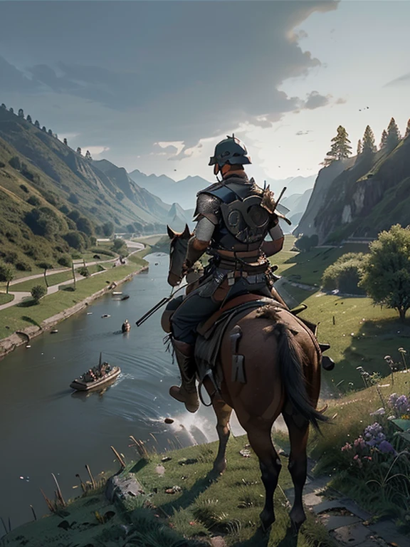  Cartoon style pictures ，(Europe)，（Shooting from above），man,midnight，Overall black tone，  Rugged full body metal armor， Medieval dilapidated countryside village，farmland，river，torch，horse，farmer，companion，Soldier，laboeld，farming，(Visor Helmet，In the shadows，Faceless，健壮的man, strong, shabby),dynamic poses， ((Turn your back to the camera，look into the distance，not looking at camera)), 