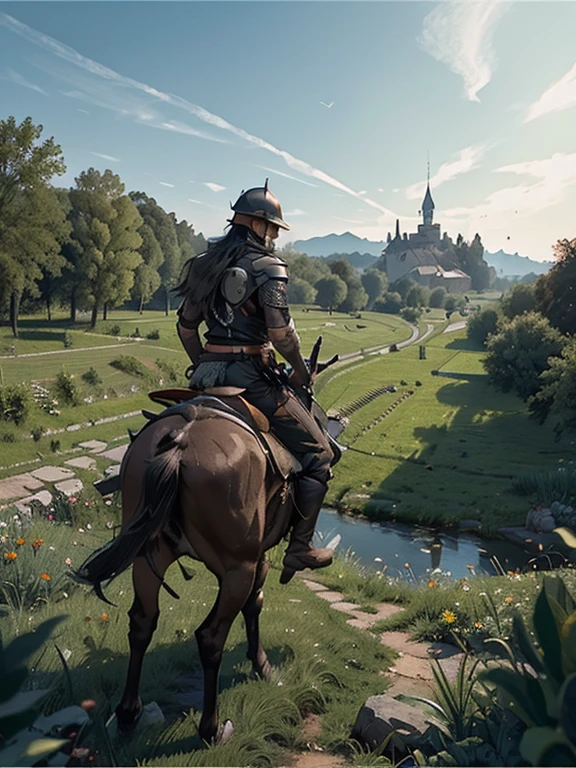 Cartoon style pictures ,(Europe),(Shooting from above),man,midnight,Overall black tone, Rugged full body metal armor, Medieval dilapidated countryside village,farmland,river,torch,horse,farmer,companion,Soldier,laboeld,farming,(Visor Helmet,In the shadows,Faceless,健壮的man, strong, shabby),dynamic poses, ((Turn your back to the camera,look into the distance,not looking at camera)),