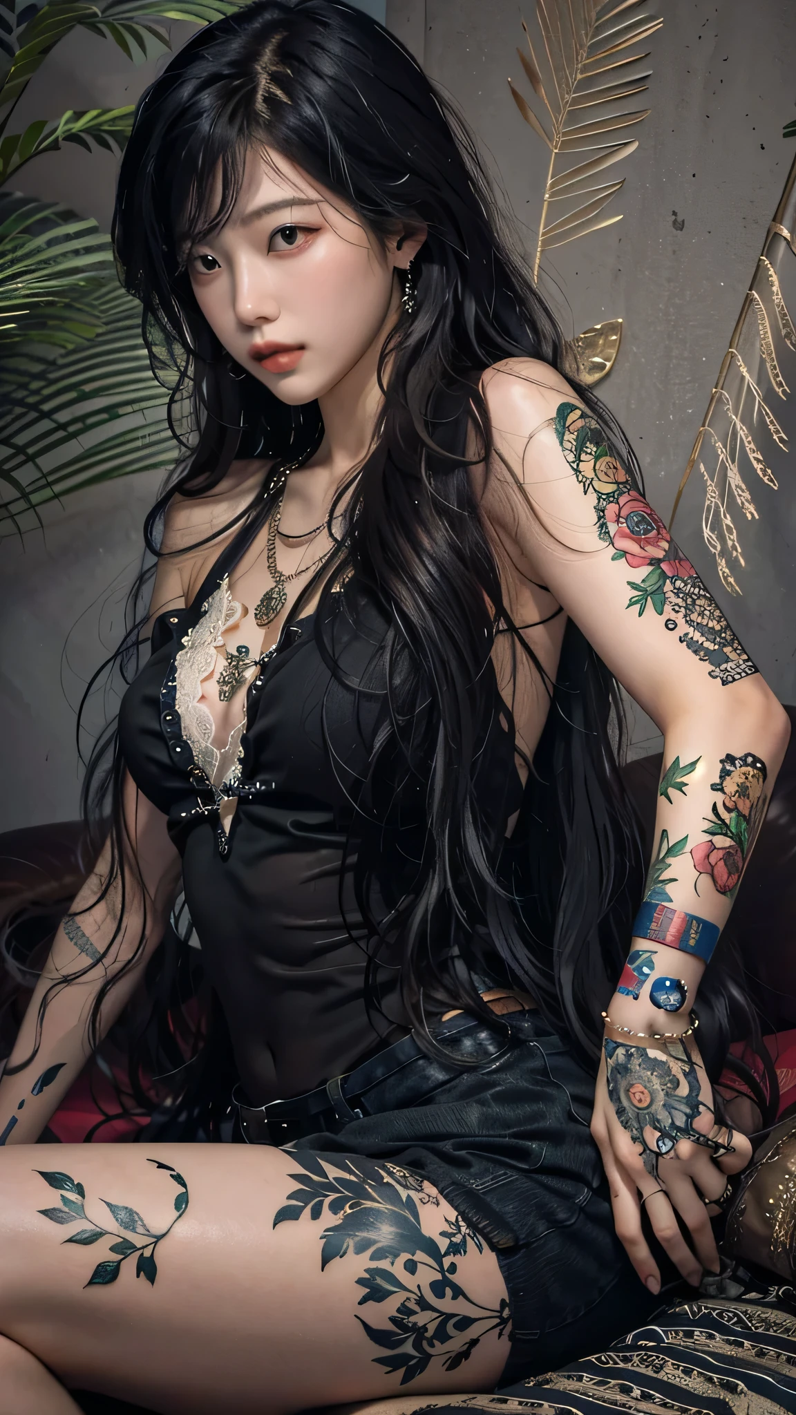 photorealistic, high resolution, soft light,1women, solo, hips up, shinning skin, (detailed face), jewelry, tattoo, super long hair,), black hair, long hair, mafia, cool, handsome woman, seductive, small breast