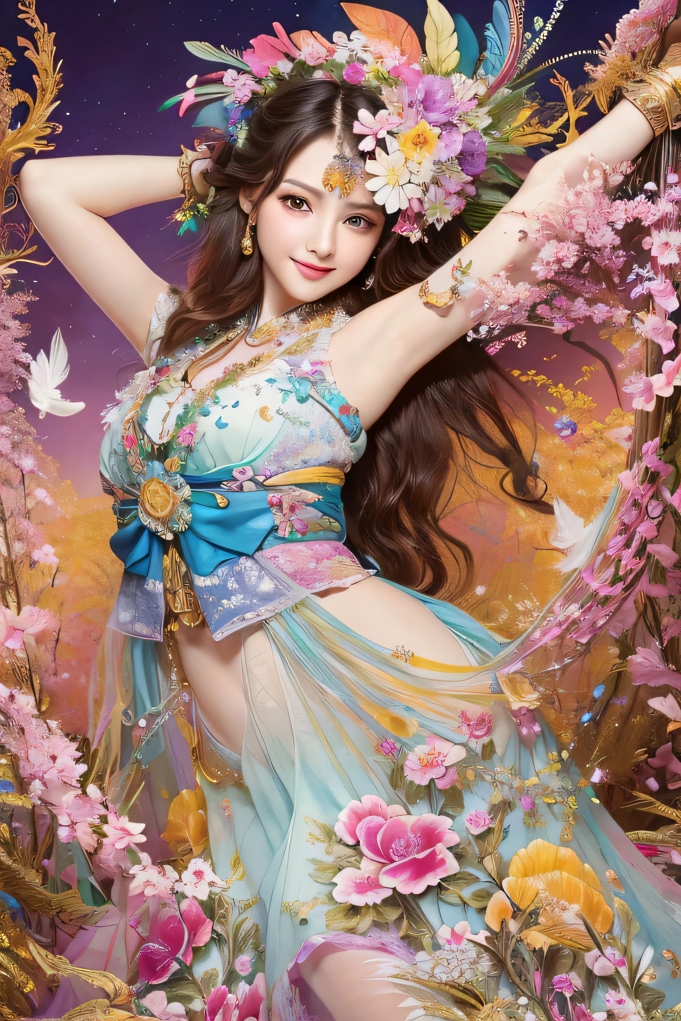 (masterpiece、highest quality、highest quality、official art、beautiful beautiful:1.2)、(1 girl)、very detailed、(fractal art:1.3)、colorful、most detailed,(Pose with movement:1.4)、Details Beautiful and delicate features、Beautiful details and delicate eyes、very fine resolution, (symmetrical eyes:1.3),((japanese hair)),((natural smile)),Floral,feather