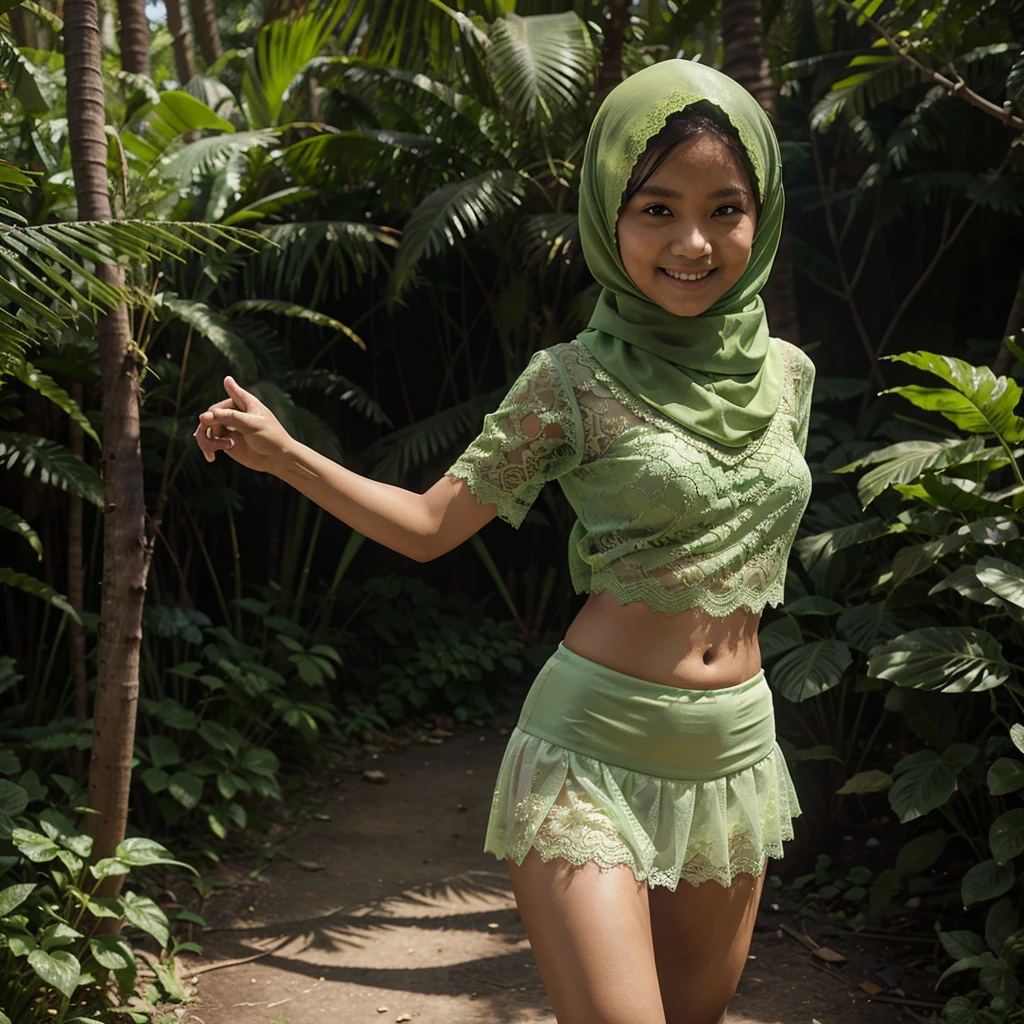 A 9 years old Indonesian woman in light green hijab, wearing very short light green lace tight t-shirt, wearing very short see-through light green lace skirt, skirtlift, villager, poor woman, darker skin, curvier body, short body, small breasts, flat-chested, smiling and standing in a dark forest, look to the viewer with eye close