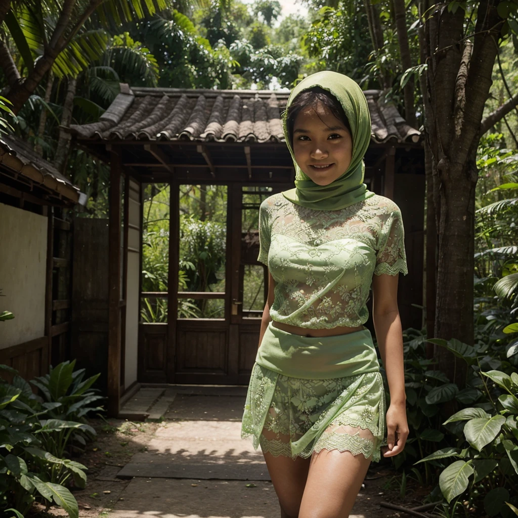 A 9 years old Indonesian woman in light green hijab, wearing very short light green lace tight t-shirt, wearing very short see-through light green lace skirt, skirtlift, villager, poor woman, darker skin, curvier body, short body, small breasts, flat-chested, smiling and standing in a dark forest, look to the viewer with eye close