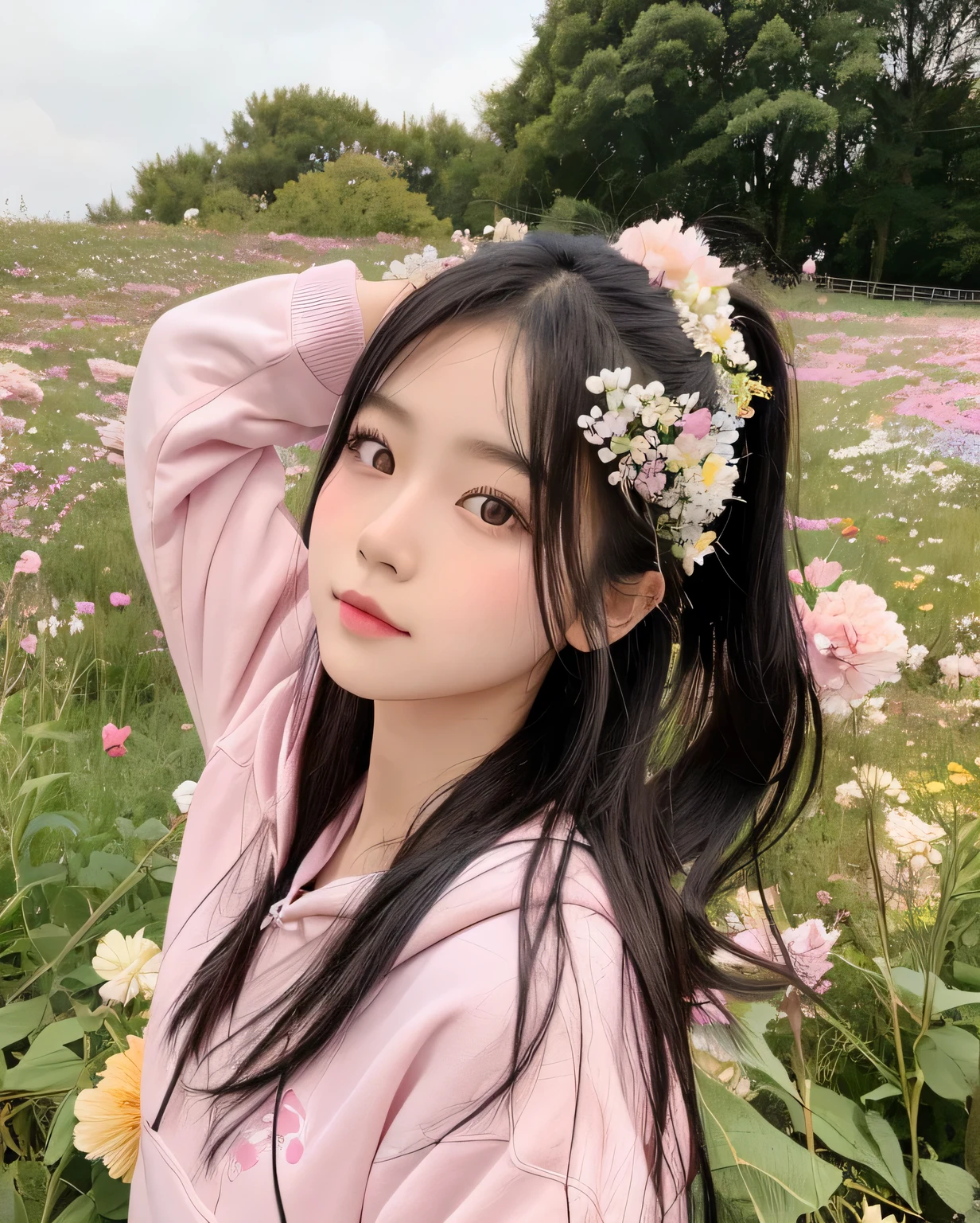 young asian girl, long black hair, wearing popular korean makeup, wearing a pastel pink hoodie, in a field of flowers