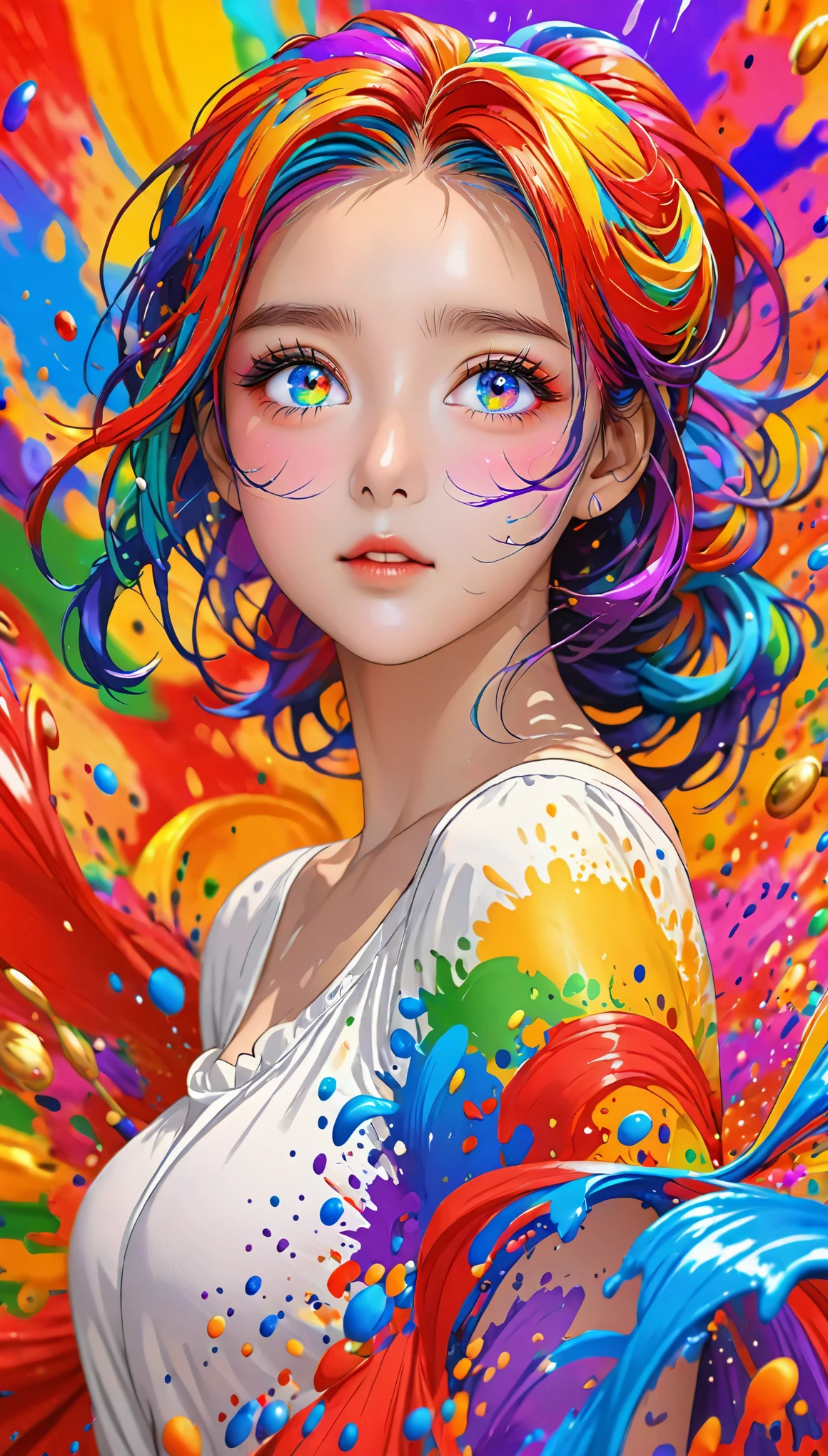 （Pink fashion T-shirt：1.9），(colorful hair: 1.8), (All colors of the rainbow: 1.8),(((((vertical drawing：1.6))), （drawing：1.6），front, comics, illustrations, drawings, big eyes, crystal clear eyes,（ Rainbow gradient high ponytail：1.7）, Exquisite makeup, Keep your mouth shut,(Little fresh: 1.5),(Wipe Chest: 1.6) ，long eyelashes, White off-shoulder T-shirt, white shoulder shirt，looking at the audience, 水汪汪的big eyes, (rainbow colored hair：1.6), 颜色飞splash, （alone：1.8）, 颜色飞splash, color explosion, thick draw style, messy lines, ((shining))，(rich and colorful), (rich and colorful), (rich and colorful), rich and colorful, Thick draw Style, (splash) (Color splash), Vertical drawing, Upper body, draw splash, acrylic paint, slope, draw, Highest image quality, best quality, masterpiece, alone, depth of field, Face draw, rich and colorful clothes, (elegant: 1.2), Gorgeous,long hair, Wind, (elegant: 1.3), (petal: 1.4)，(((masterpiece))),(((best quality))),((Super detailed)),(illustration),(Dynamic angle),((floating)),(draw),((disheveled hair)),(alone),(1 girl) , (((Detailed anima face))),((Beautiful and delicate face)),collar,bare shoulders,white hair, ((rich and colorful hair)),((striped hair)),Beautiful and delicate eyes,(slope color eyes),(((rich and colorful eyes))),(((rich and colorful background))),(((high saturation))),(((surrounded by rich and colorful splashes))),