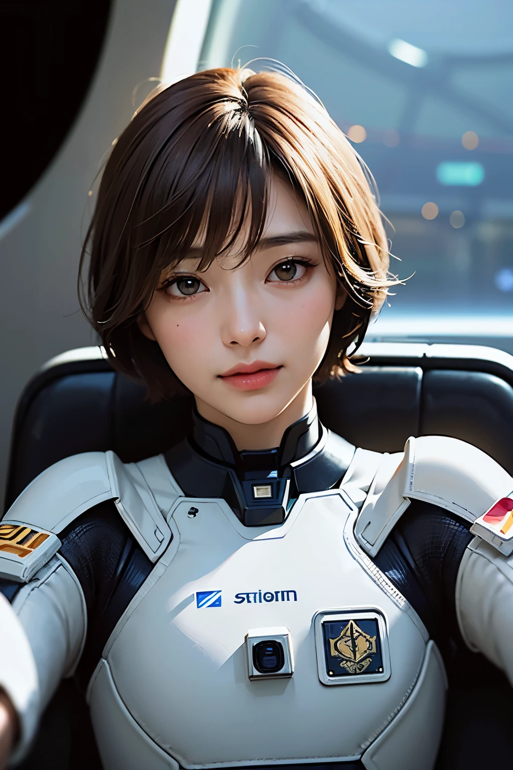 highest quality、masterpiece、ultra high resolution、(real:1.4)、Beautiful woman１、Beautiful details of eyes and skin、light brown short cut hair、small smile、Full space suit、space station、spaceship、Remains、cloudy sky、Sci-Fi Taste、film grain、