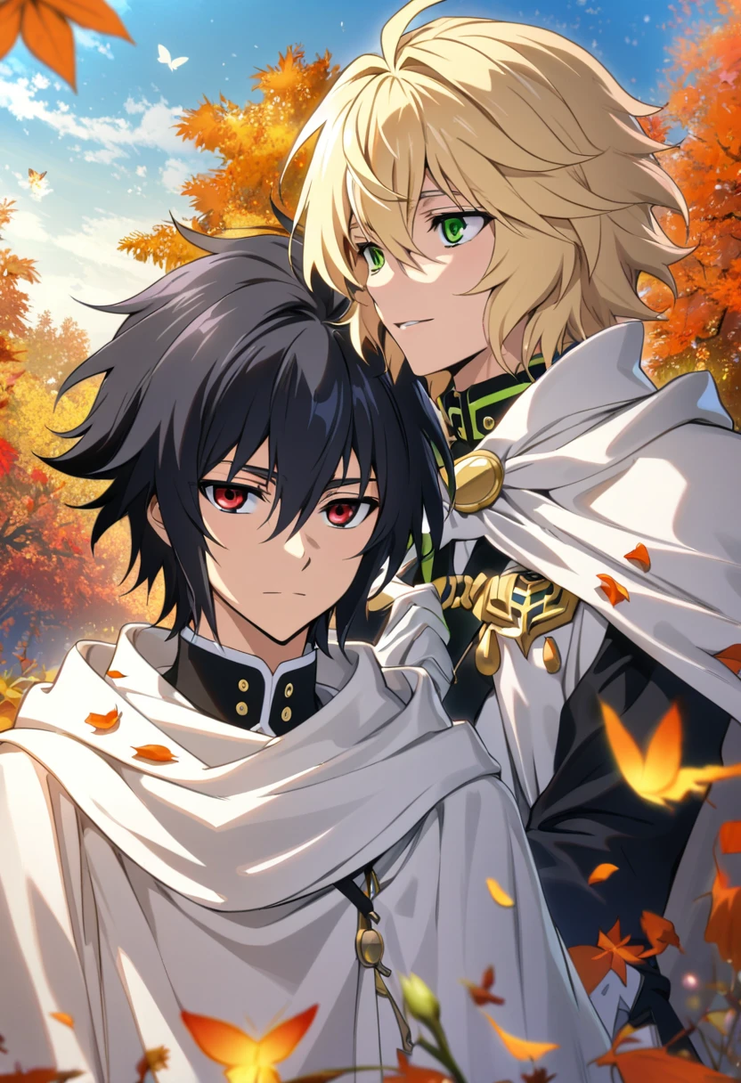Ultra detailed, highres, absurdres, HDR, Yuu Hyakuya, black hair, green eyes, Mikaela Hyakuya, wavy blonde hair, red eyes, white cape, white gloves, Owari No Seraph, handsome, 2 man together, gay couple, orange leaves, petals, flowers, butterflies, autumn,