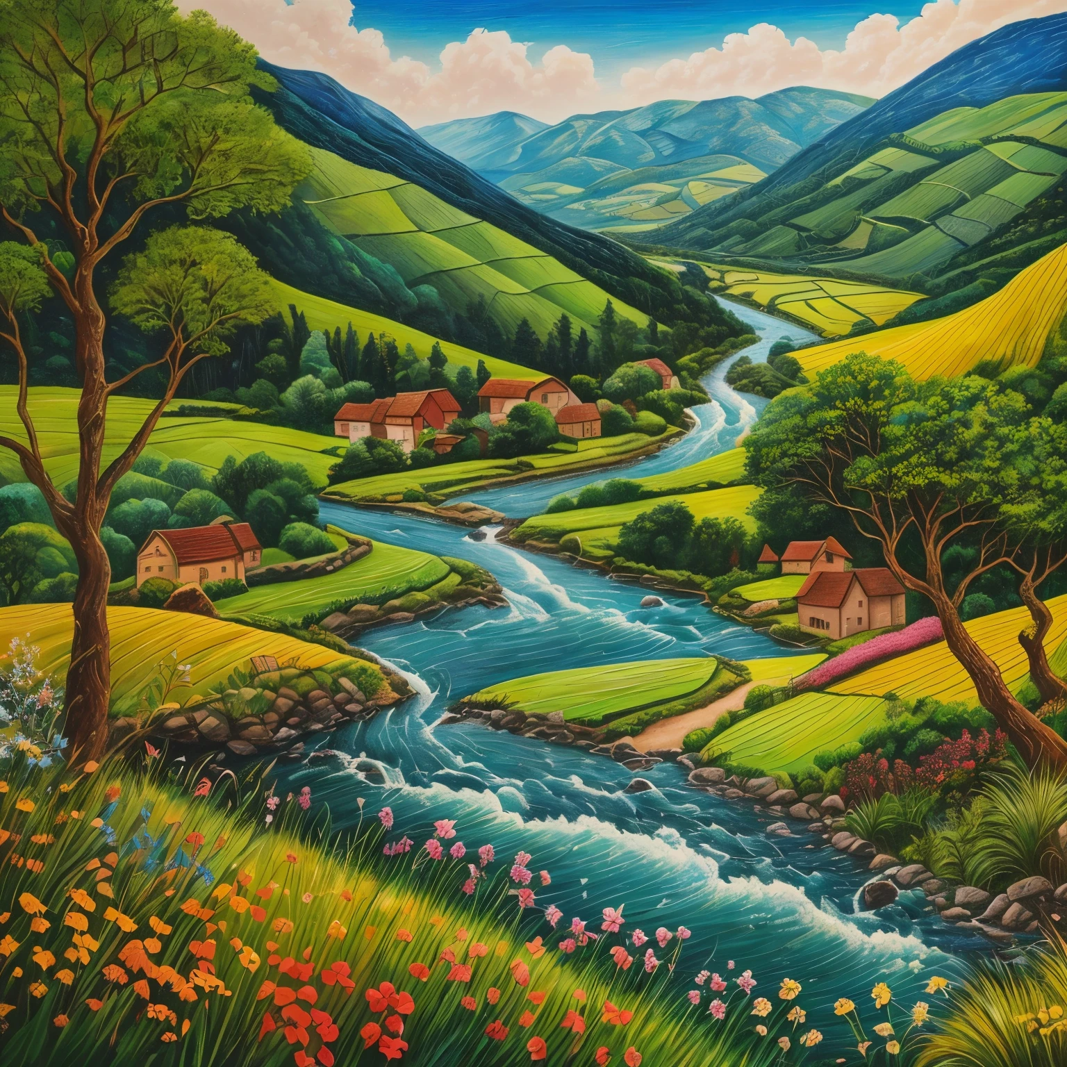 A river runs through a lush green valley,There is a house beside the valley, flowing hills, lovely valley, detailed landscape, peaceful scenery, landscape art detailed, Vibrant gouache landscapes, happy scenery, artistic masterpiece, lush valley, Detailed 4k oil painting, Rural landscape, a Beautiful scenery, Beautiful scenery, Painting landscapes, lush scenery, lush famous tourist sites, famous tourist sites