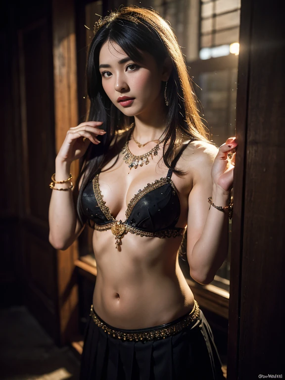 best quality masterpiece, captured in 8K UHD with a DSLR, features a 1girl, aged 23, (small breasts) wearing ultra-thin translucent panties that reveal the skin's texture through her skirt. Her hair is adorned with intricate accessories, and she wears a beautiful necklace and jewelry. Her face is stunningly beautiful, with a small but expressive nose, full lips, and high-detailed skin (1.2). The photo is taken in a dark studio, lit with a soft light for a realistic effect and two-tone lighting to create a Tyndall effect. The background is blurred, bringing all focus to the girl. High resolution and 