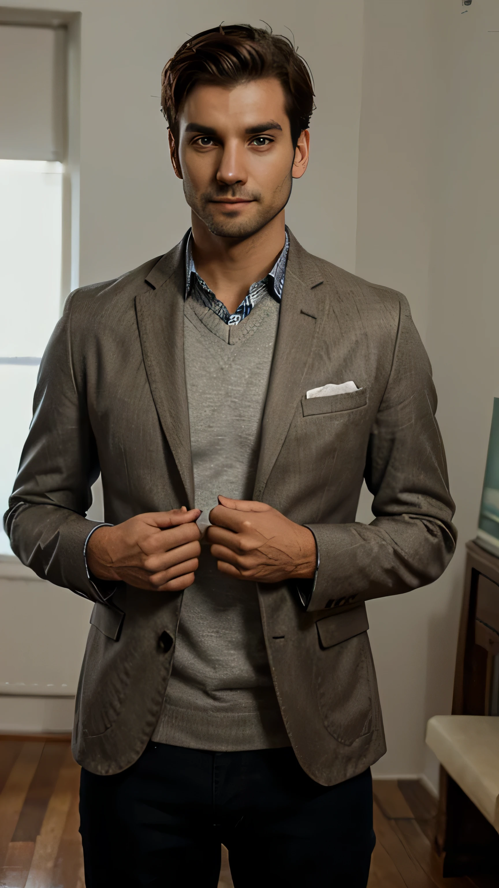 a casual gentlemen standing in pose gaze at camera