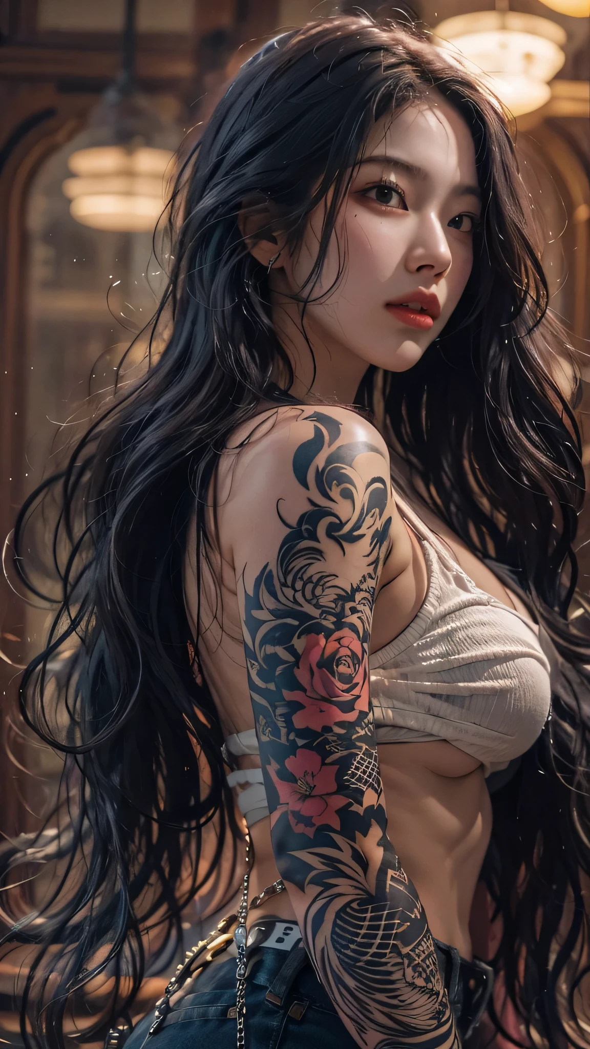 photorealistic, high resolution, soft light,1women, solo, hips up, shinning skin, (detailed face), jewelry, tattoo, super long hair,), black hair, long hair, mafia, cool, handsome woman, seductive, small breast