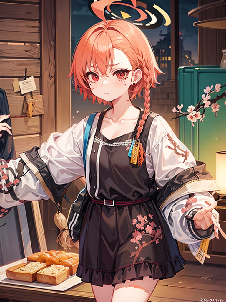 campしている女の子、two tone hairstyle、(Bruaka)flannel、mole、red eyes、ear piercing、ingredients、cooking、camper、spring、camp、Cherry Blossom、nature、camp飯、sunny、frying pan、toast、wood