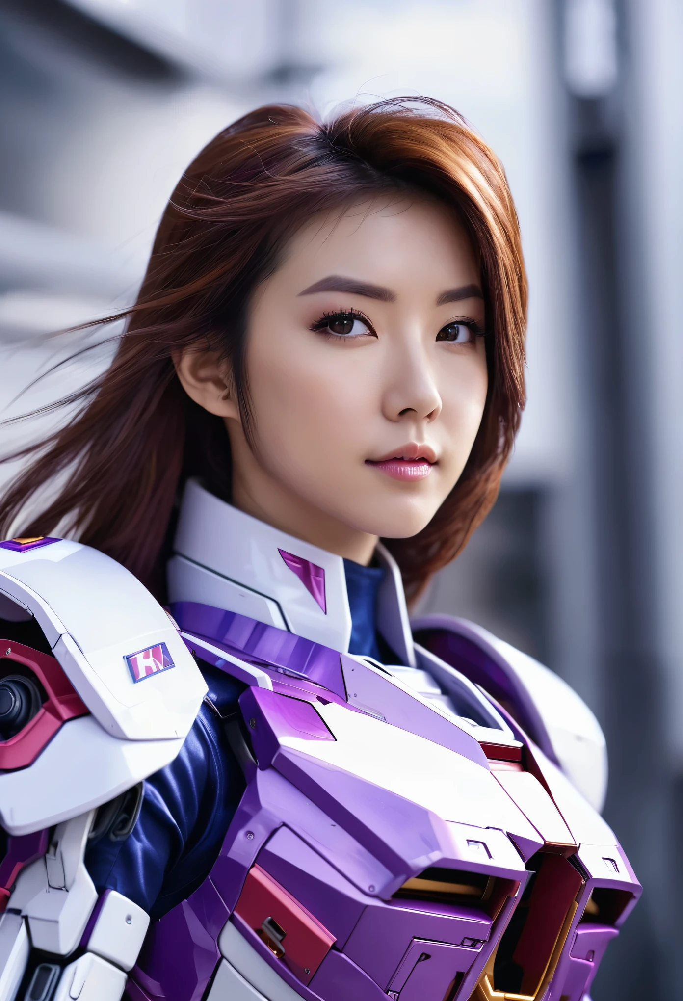 RAW, Masterpiece, Ultra Fine Photo,, Best Quality, Ultra High Resolution, Photorealistic, Sunlight, Full Body Portrait, Stunningly Beautiful,, Dynamic Poses, Delicate Face, Vibrant Eyes, (Side View) a full body of a woman in a purple and white gundam custume, dybamic pose, long brown very very long hair rapunzel, girl in mecha cyber armor, portrait armored astronaut girl, d. va from overwatch, female mecha, on a gundam, gundam head, chiho aoshima color scheme, mobile suit, streamlined purple armor, fully robotic!! girl, realistic cosplay, gundam armor (dynamic pose) (best cameraview), full body, sit down, full body