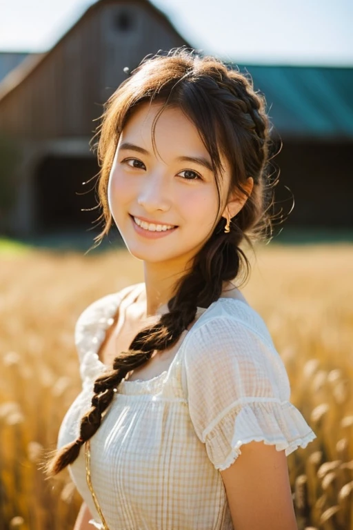 1 girl, 20-year-old, tall and attractive, wearing a cute country dress, braided hair, standing in a rustic farm. she has soft, A gentle smile and expressive eyes. In the background is a charming barn, Golden wheat field and clear blue sky. The composition should be bathed in warm golden light, Soft depth of field and soft bokeh、Emphasizes idyllic tranquility。. Capture images that look like they were shot on vintage 35mm film.、Adds power, movie