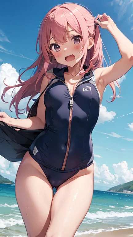 mastute piece,Best Quality,insanely detailed,8k cg,nsfw,
1girl,(navy blue school swimsuit with zipper that from chest through crotch to butts),
BREAK,
blush,shy,ecstasy face,gasping,trembling,pink hair,
break,
perfect breasts,open mouth,
beach,
