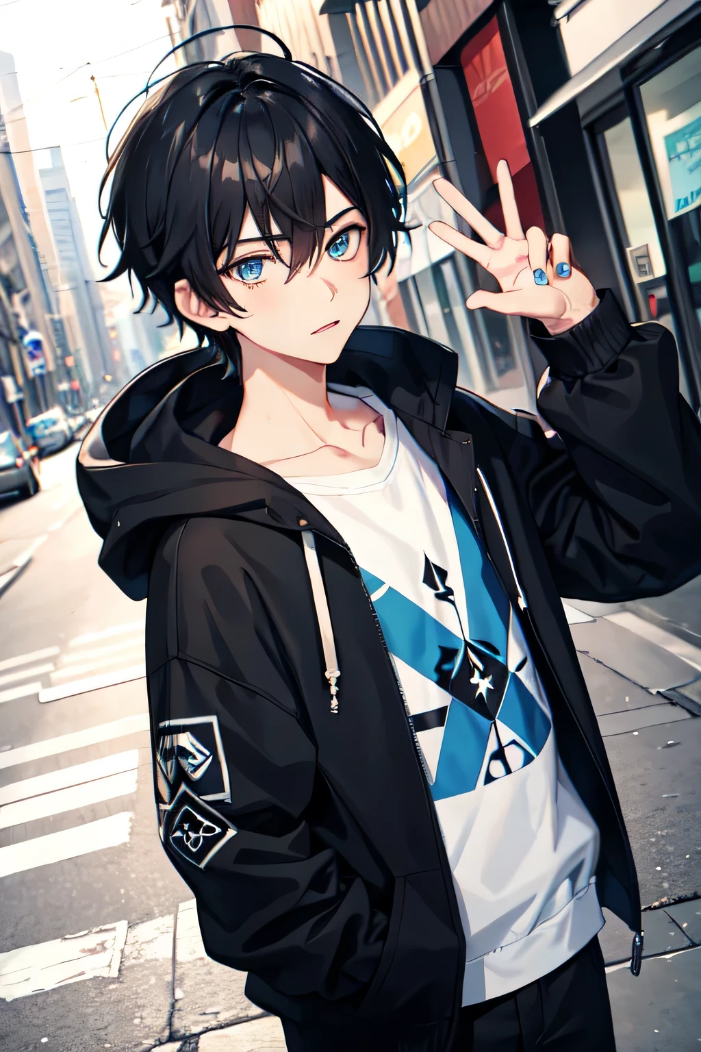 1boy,city,Volcom hoodie,tied hair,black hair,blue eyes,using piercing