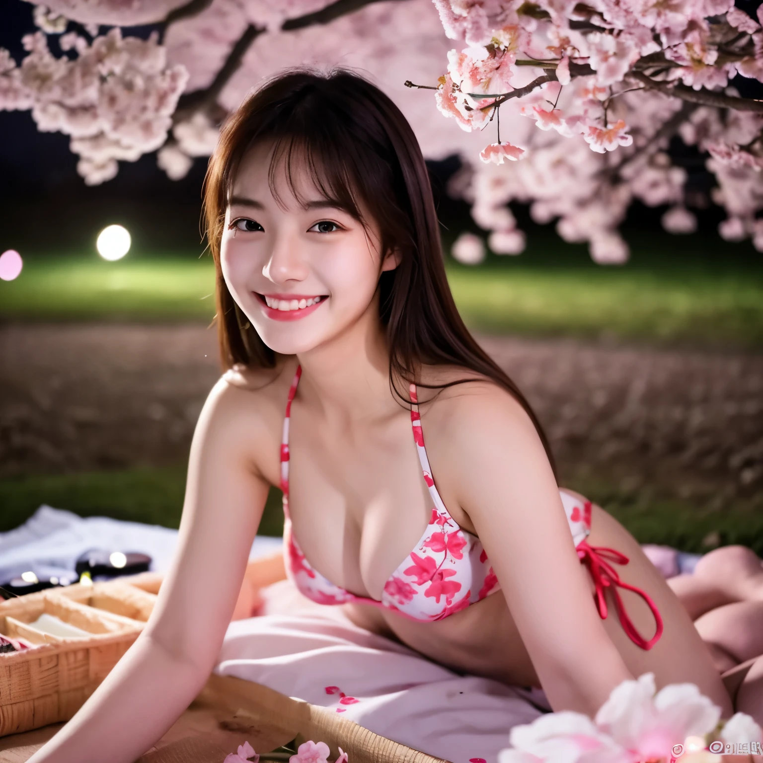Cute face like an 18-year-old idol　smile gently　Bikini figure　full body figure　Slightly larger bust　dark lighting　night park　Cherry blossom viewing under the illuminated cherry blossoms at night　sitting on a picnic sheet　Raw photo　genuine　like a movie　art pictures