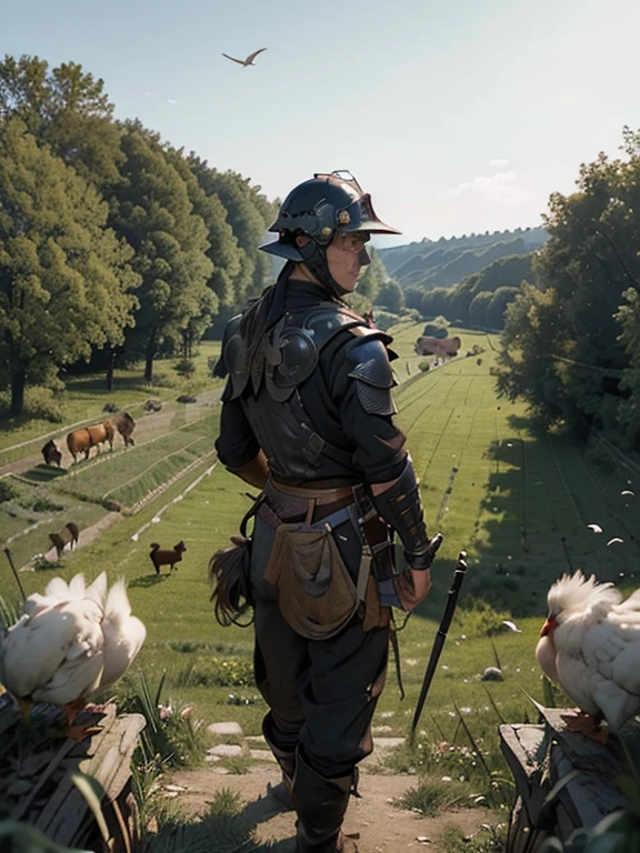 Cartoon style pictures ,(Europe),(Shooting from above),man,midnight,Overall black tone, Rugged full body metal armor, Medieval dilapidated countryside village,farmland,river,farm cattle,dog,chicken,duck,rabbit,torch,horse,farmer,companion,Soldier,laboeld,farming,(Visor Helmet,In the shadows,Faceless,健壮的man, strong, shabby),dynamic poses, ((Turn your back to the camera,look into the distance,not looking at camera)),