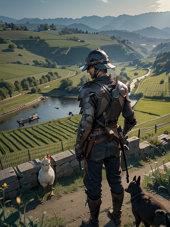  Cartoon style pictures ，(Europe)，（Shooting from above），man,midnight，Overall black tone，  Rugged full body metal armor， Medieval dilapidated countryside village，farmland，river，farm cattle，dog，chicken，duck，rabbit，torch，horse，farmer，companion，Soldier，laboeld，farming，(Visor Helmet，In the shadows，Faceless，健壮的man, strong, shabby),dynamic poses， ((Turn your back to the camera，look into the distance，not looking at camera)), 