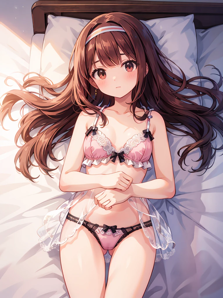 masterpiece, beautiful illustrations, highest quality, pretty girl, 1girl, Bedroom, pastel colour, (two-separated lingerie), cute lingerie, reddish brown long hair, headband, bright lighting, presenting, looking at viewer, on bed