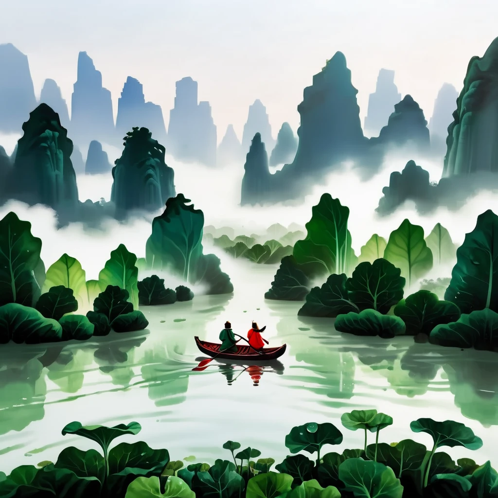 Imagine an expansive, dew-filled terrain where colossal bok choy leaves rise like lush green skyscrapers in a verdant metropolis. In the foreground, a small red boat with two tiny adventurers is rowing across a reflective water surface that seems vast and lake-like due to their miniature perspective. The leaves, with veins like roadways and water droplets like morning mist, create a fresh, organic cityscape. The boat is detailed and vibrant, contrasting with the monochromatic green of the bok choy forest. The scene is filled with a sense of serene adventure, as if these tiny figures have found themselves in an unexplored, macroscopic world. Soft, natural light filters through the canopy, highlighting the intricate details and the translucence of the water droplets, while the background fades into a soft focus, enhancing the depth and scale of this miniature