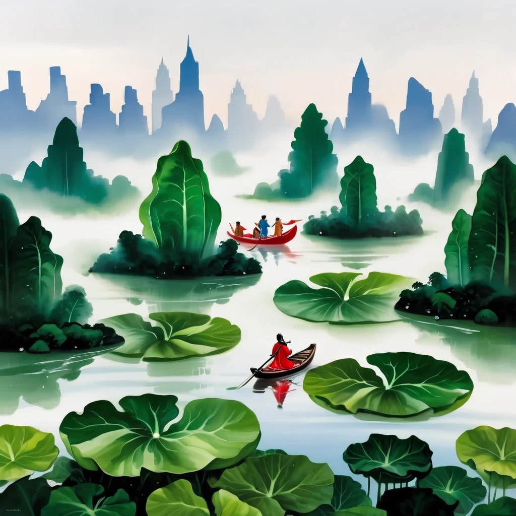 Imagine an expansive, dew-filled terrain where colossal bok choy leaves rise like lush green skyscrapers in a verdant metropolis. In the foreground, a small red boat with two tiny adventurers is rowing across a reflective water surface that seems vast and lake-like due to their miniature perspective. The leaves, with veins like roadways and water droplets like morning mist, create a fresh, organic cityscape. The boat is detailed and vibrant, contrasting with the monochromatic green of the bok choy forest. The scene is filled with a sense of serene adventure, as if these tiny figures have found themselves in an unexplored, macroscopic world. Soft, natural light filters through the canopy, highlighting the intricate details and the translucence of the water droplets, while the background fades into a soft focus, enhancing the depth and scale of this miniature