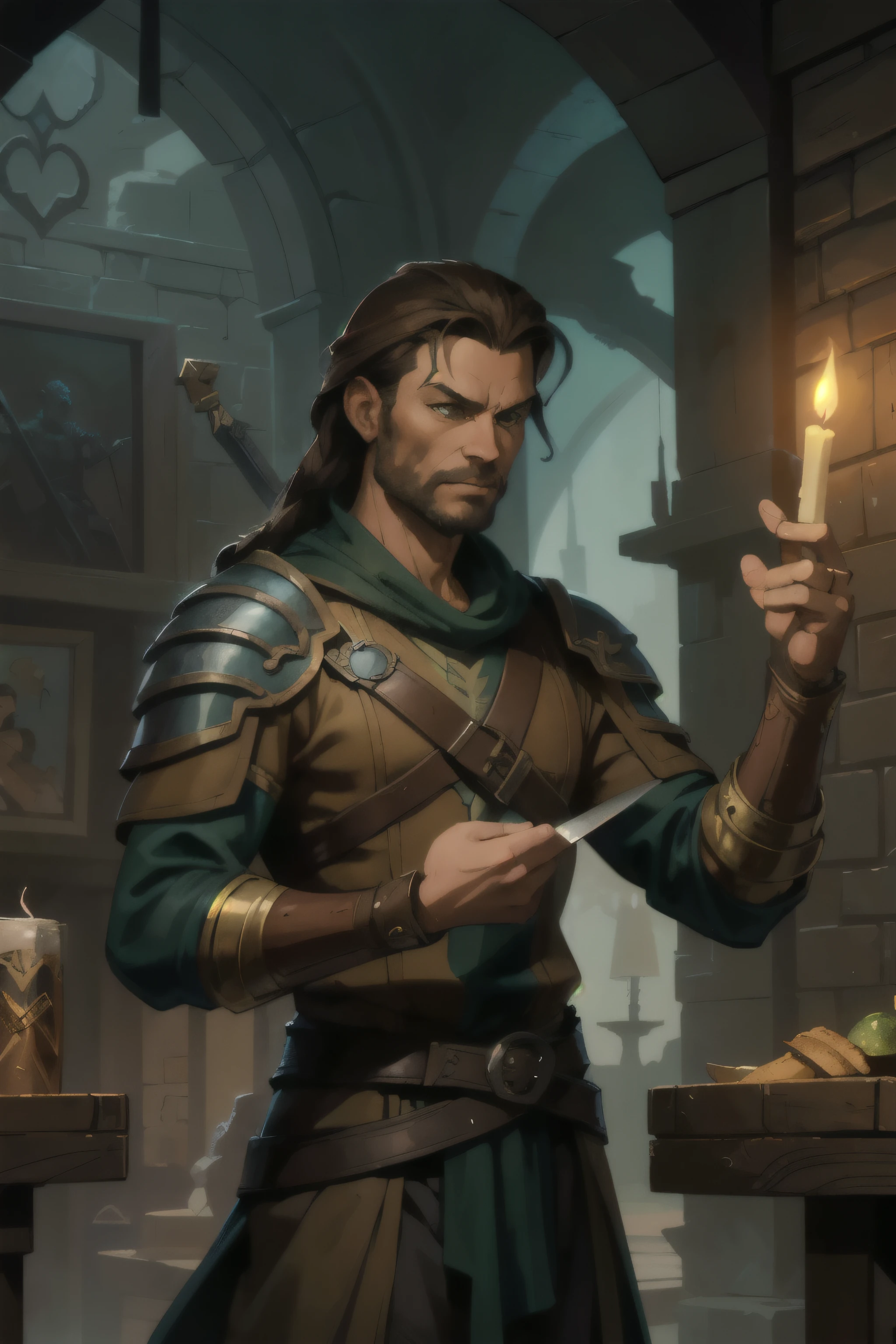 (brom, fantasy artwork:1.2), 1 man, in a tavern, stand up, stoic, brown hair, leather, green eyes, sword on back (atmosphere), coherent, continuity, epic, sharp lines, (brushed colors) in a tavern, warm candle light