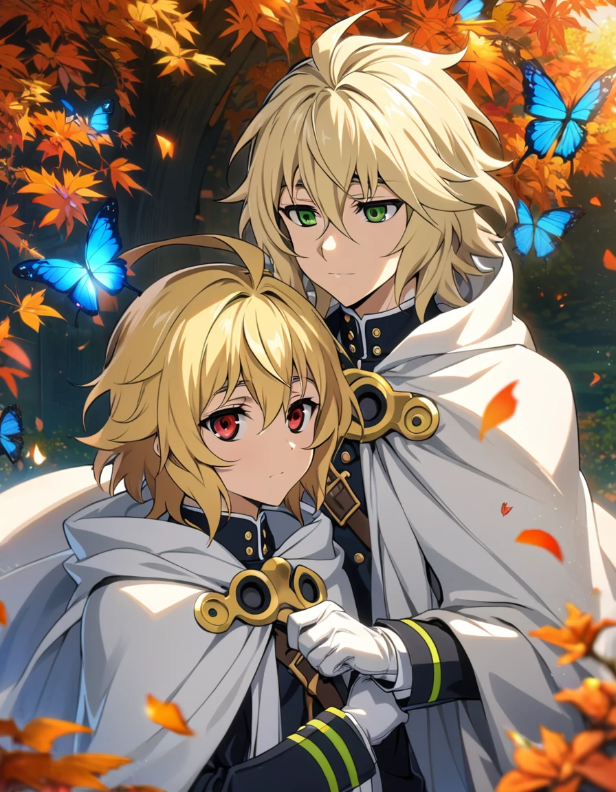 Ultra detailed, highres, absurdres, HDR, Yuu Hyakuya, black hair, green eyes, Mikaela Hyakuya, wavy blonde hair, red eyes, white cape, white gloves, Owari No Seraph, handsome, 2 man together, gay couple, orange leaves, petals, flowers, butterflies, autumn,
