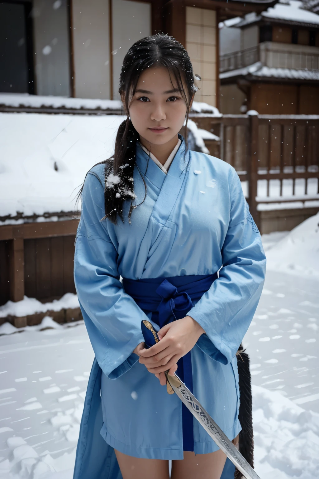 A Japanesegirl holding blue sword in snow