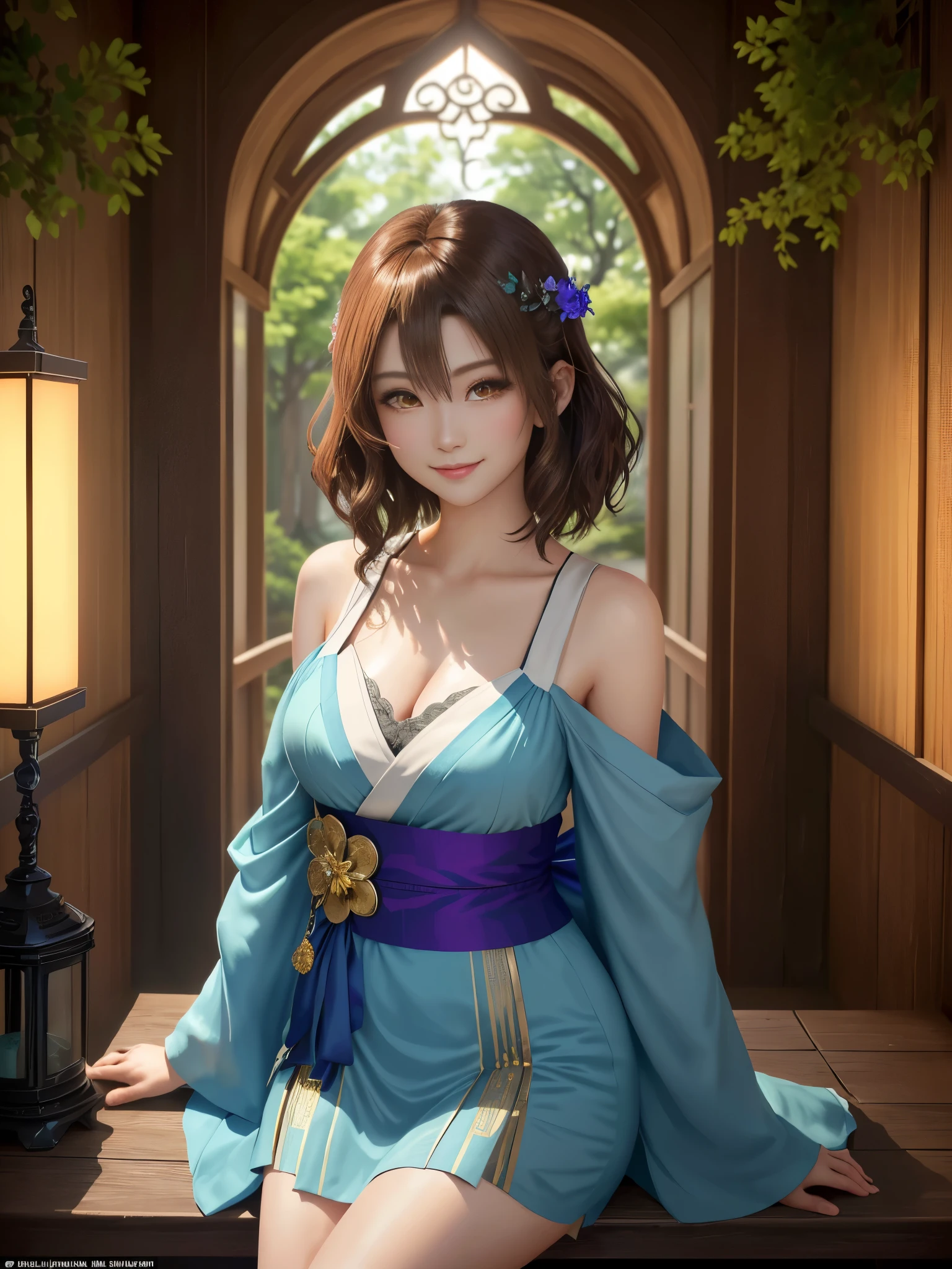 masterpiece , best quality,smile,smile,small face,shoulder exposure,golden kimono,A little cleavage exposure,double eyes,Beauty,beautiful woman,beautiful girl,sexy,sexy,Stand firmly on both feet,charm,adult,lure,Big eyes,light brown hair,Mysterious世界,god of water殿,in the forest,god of water,Mythical God,水色のMysterious雰囲気,Water sources surround the area,水色のMysterious背景,beautifully curled hair,slender body shape,brown eyes,Contrast faithfully reproduced,short hair,Beautiful short hair,Berry Short,short cut hair,just one person,precision quality,A faithful reproduction of the human eye,水色のMysterious雰囲気,水色のMysterious背景,beautiful details, colorful, delicate details, delicate lips, intricate details, genuine, ultrargenuineista, Mature, bright eyes, raposa de Beautiful digital art,shrine maiden,exquisite digital illustration, mizutsune,pixiv in digital art, shining light, high contrast, Mysterious,Take center,view audience