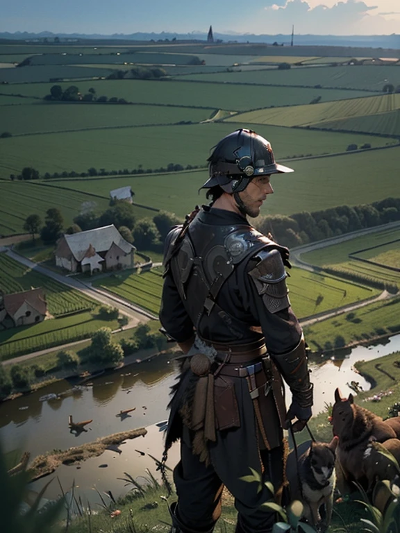 Cartoon style pictures ,(Europe),(Shooting from above),man,midnight,Overall black tone, Tattered metal armor, Medieval dilapidated countryside village,farmland,river,farm cattle,dog,chicken,duck,rabbit,torch,horse,farmer,companion,Soldier,laboeld,farming,(Visor Helmet,In the shadows,Faceless,健壮的man, strong, shabby),dynamic poses, ((Turn your back to the camera,look into the distance,not looking at camera)),