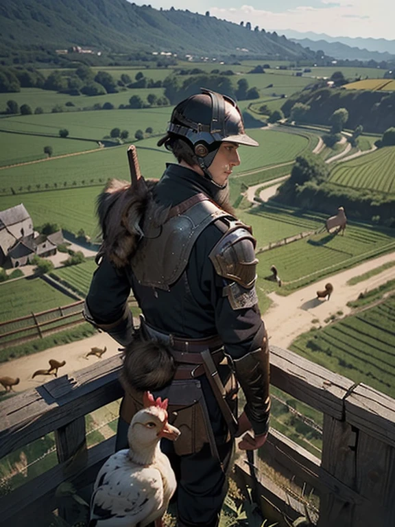 Cartoon style pictures ,(Europe),(Shooting from above),man,midnight,Overall black tone, Tattered metal armor, Medieval dilapidated countryside village,farmland,river,farm cattle,dog,chicken,duck,rabbit,torch,horse,farmer,companion,Soldier,laboeld,farming,(Visor Helmet,In the shadows,Faceless,健壮的man, strong, shabby),dynamic poses, ((Turn your back to the camera,look into the distance,not looking at camera)),