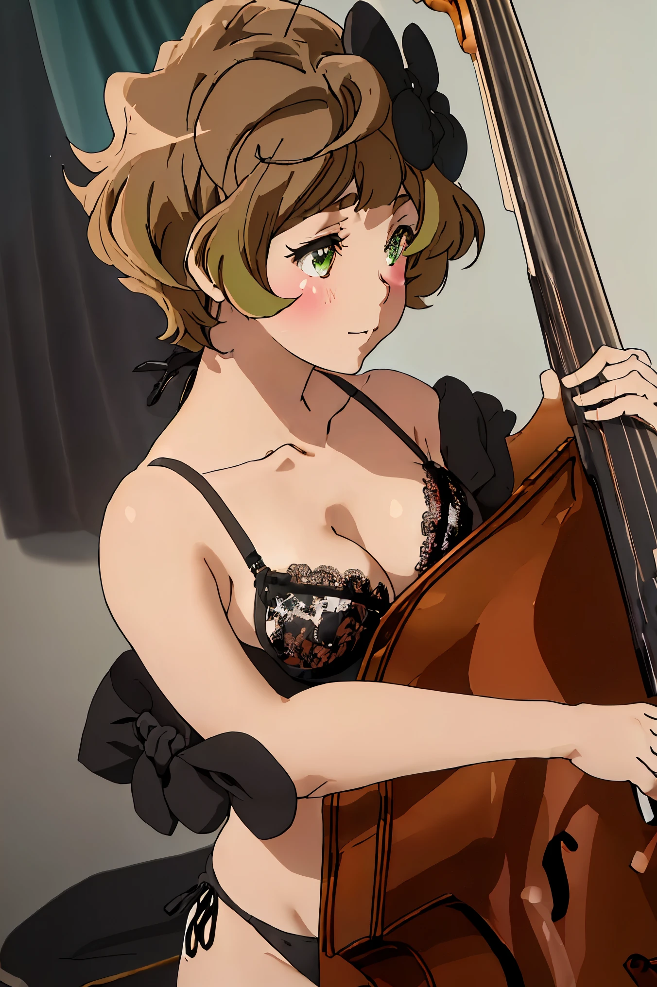 From above,highest quality, table top, expensivet resolution, alone, {Kawashima_sapphire_Sound euphonium:1.15}, short_hair, Brown_hair, blush, bow, hair_bow, green_eye, green_bow, Ahoge, polka_point, Brown_eye, closed_mouth,(((black buruma,bikini buruma,realistic white lace bra ))), musical instrument, front hair, indoor, holding_musical instrument,holding double bass,looking at viewer,