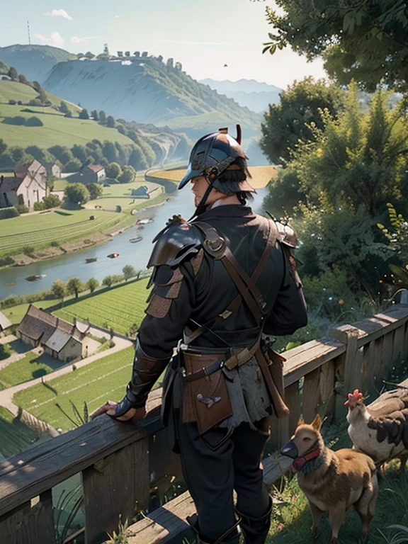  Cartoon style pictures ，(Europe)，（Shooting from above），man,midnight，Overall black tone，  Tattered medieval armor， Medieval dilapidated countryside village，farmland，river，farm cattle，dog，chicken，duck，rabbit，torch，horse，farmer，companion，Soldier，laboeld，farming，(Visor Helmet，In the shadows，Faceless，健壮的man, strong, shabby),dynamic poses， ((Turn your back to the camera，look into the distance，not looking at camera)), 